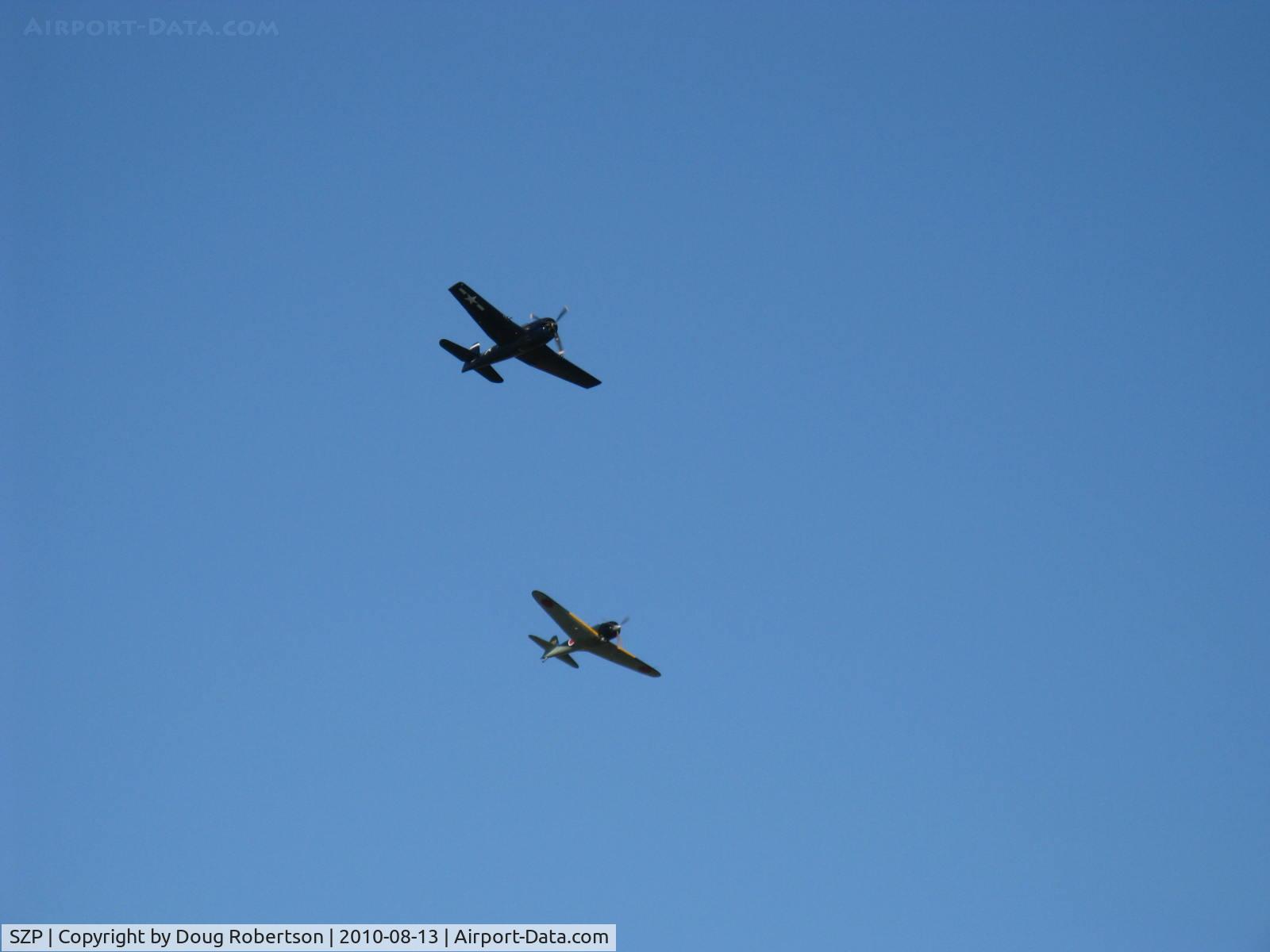 Santa Paula Airport (SZP) - Dogfight airshow practice-N712Z Mitsubishi A6M3 ZERO-SEN (ZEKE) vs. N1078Z S&S Special GRUMMAN F6F-6 HELLCAT 'Minsi III'