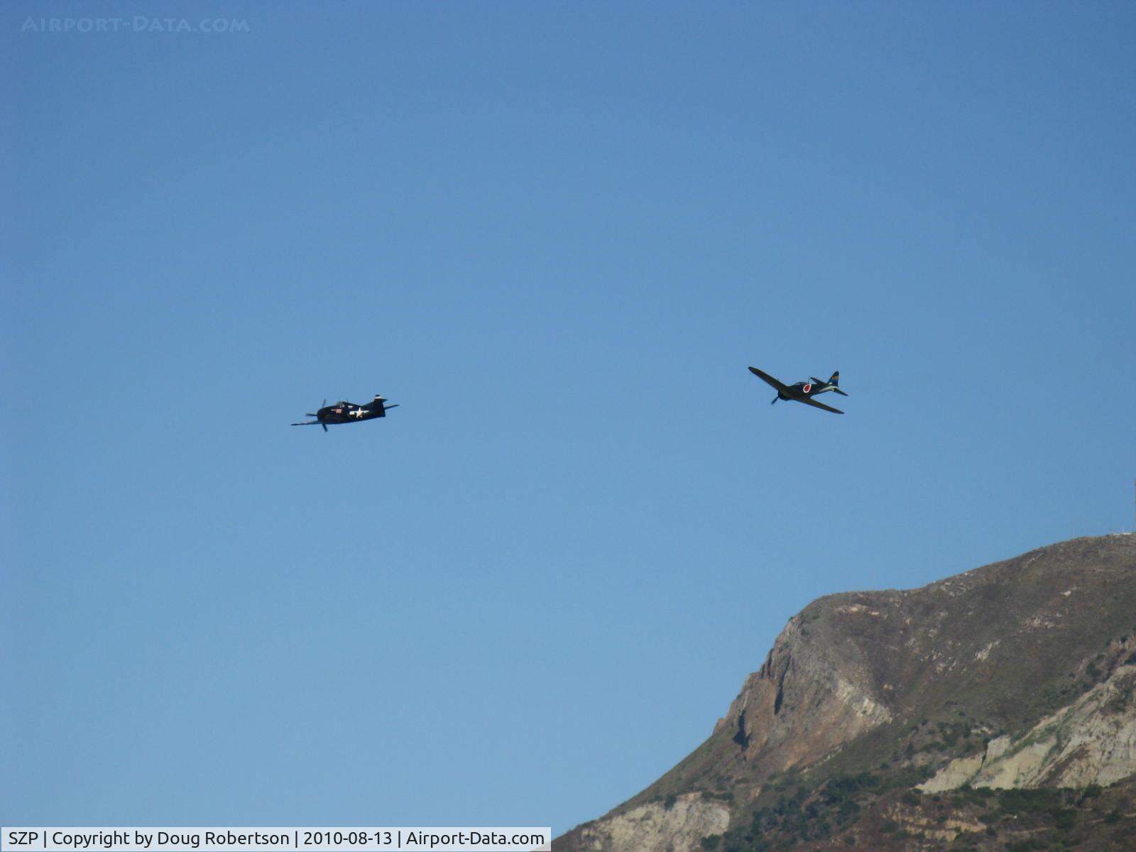 Santa Paula Airport (SZP) - Dogfight airshow practice-N712Z Mitsubishi A6M3 ZERO-SEN (ZEKE) vs. N1078Z S&S Special GRUMMAN F6F-6 HELLCAT 'Minsi III' 