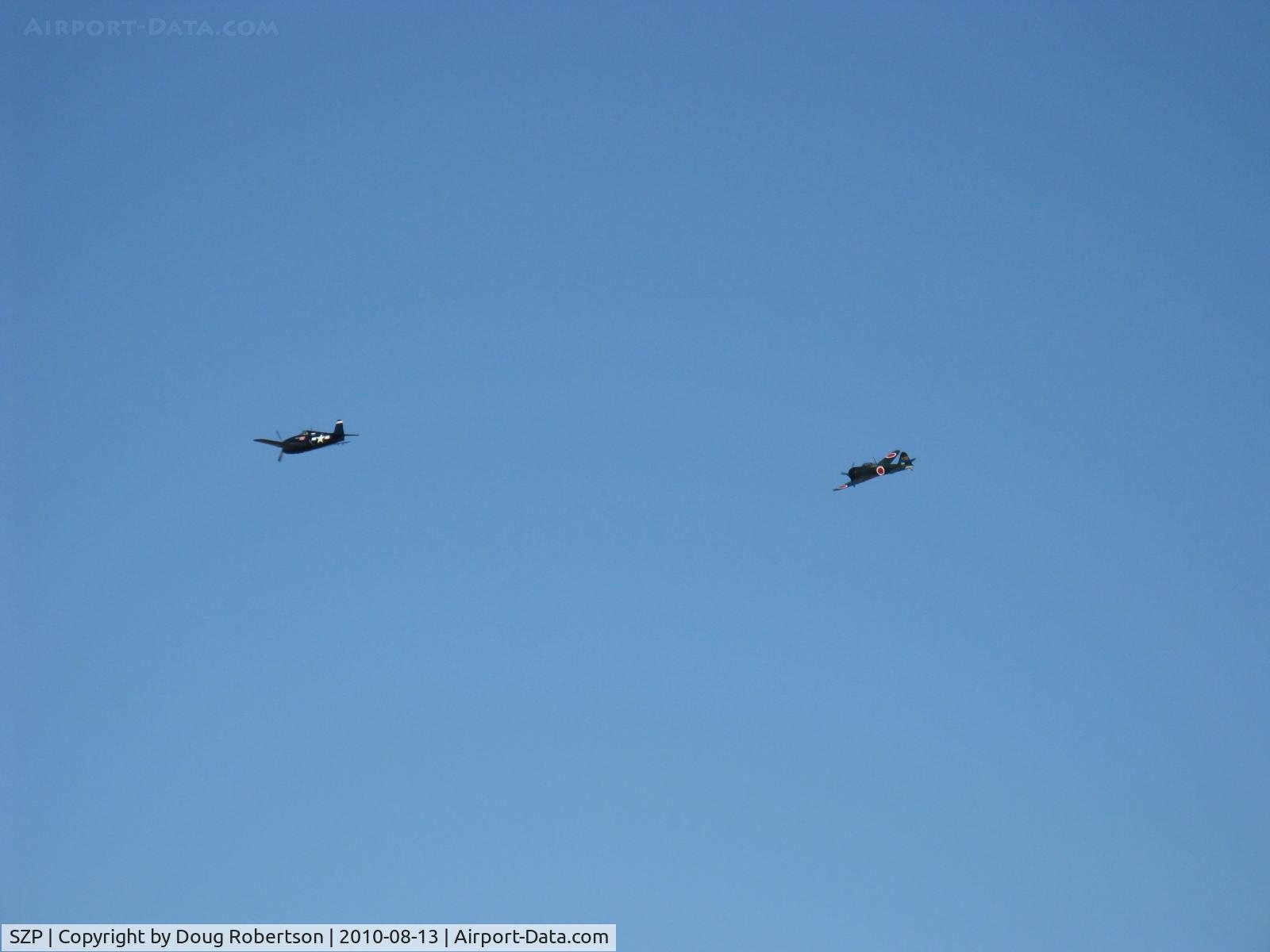 Santa Paula Airport (SZP) - Dogfight airshow practice-N712Z Mitsubishi A6M3 ZERO-SEN (ZEKE) vs. N1078Z S&S Special GRUMMAN F6F-6 HELLCAT 'Minsi III'