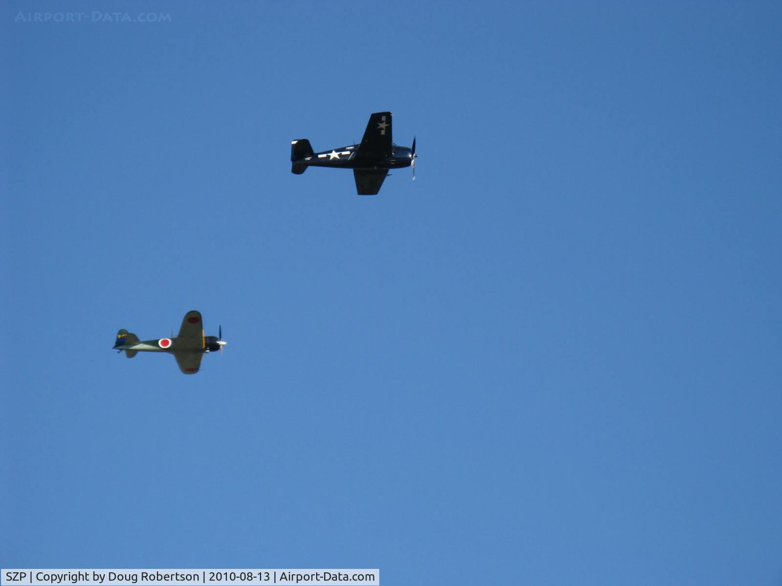 Santa Paula Airport (SZP) - Dogfight airshow practice-N712Z Mitsubishi A6M3 ZERO-SEN (ZEKE) vs. N1078Z S&S Special GRUMMAN F6F-6 HELLCAT 'Minsi III'