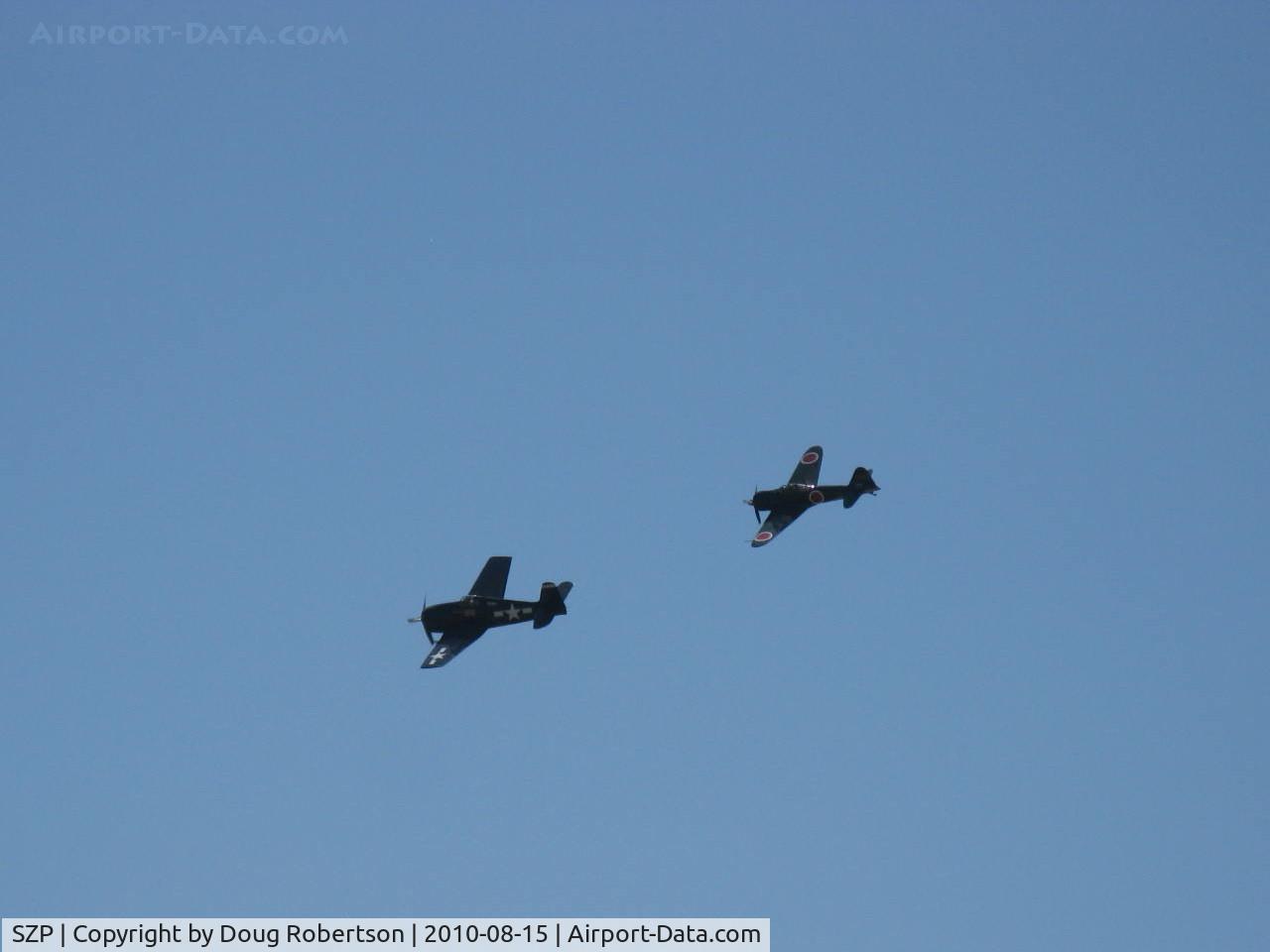 Santa Paula Airport (SZP) - 80th Anniversary Airshow-mock dogfight-N1078Z HELLCAT vs N712Z ZERO-Aircraft courtesy CAF Southern California Wing at CMA
