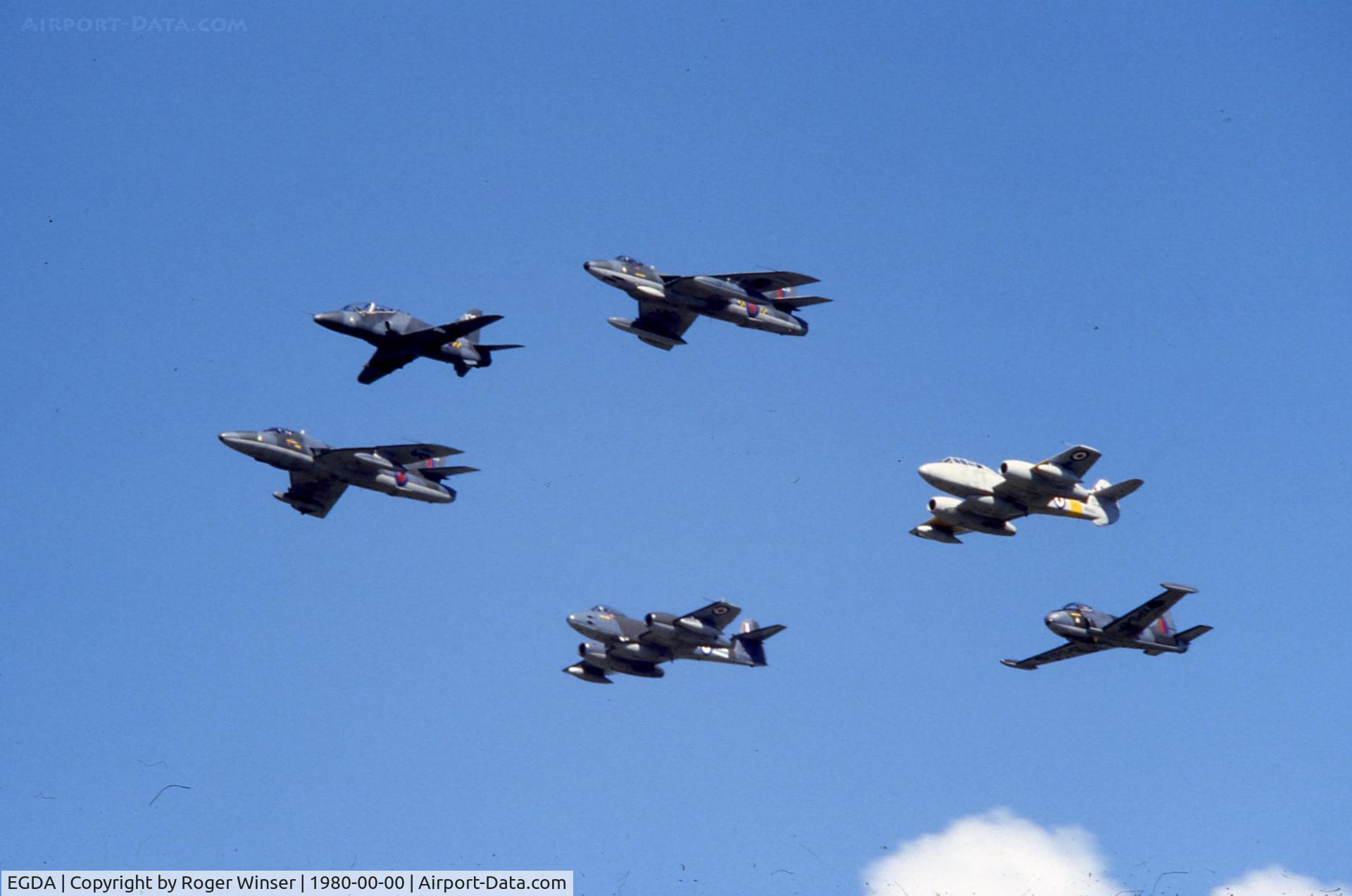EGDA Airport - Unique flypast of 1TWU aircraft at a RAF Brawdy Air Show, Pembrokeshire, Wales, UK in the early 1980's when Hunters were being replaced by Hawk T.1 aircraft. 