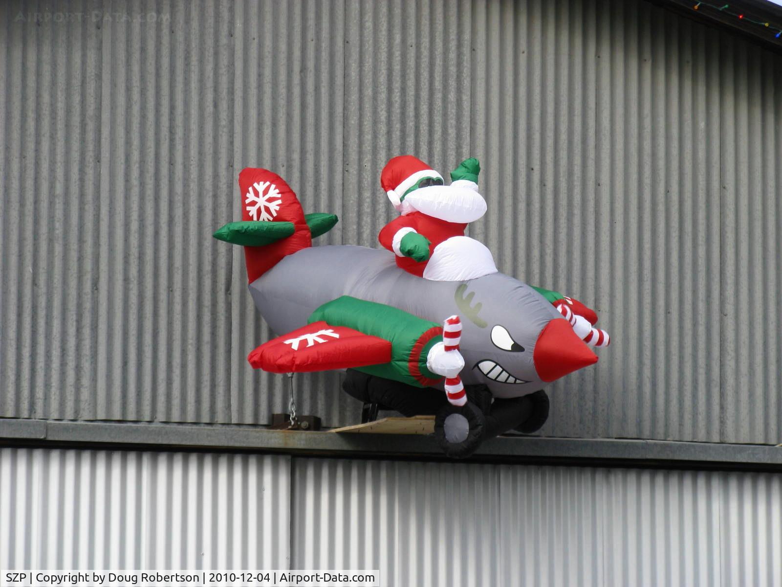 Santa Paula Airport (SZP) - Santa Claus' Flight Turning & Burning at 2 TAXI, (twin engine for reliability-the props are turning in the wind), closeup