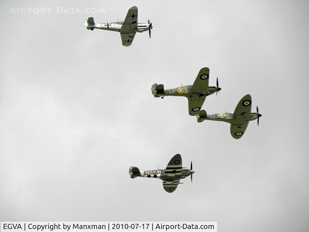 RAF Fairford Airport, Fairford, England United Kingdom (EGVA) - Me109 D-FWME, Hurricane R4118 and Spits P7350 and PL344 in Formation at RIAT 2010