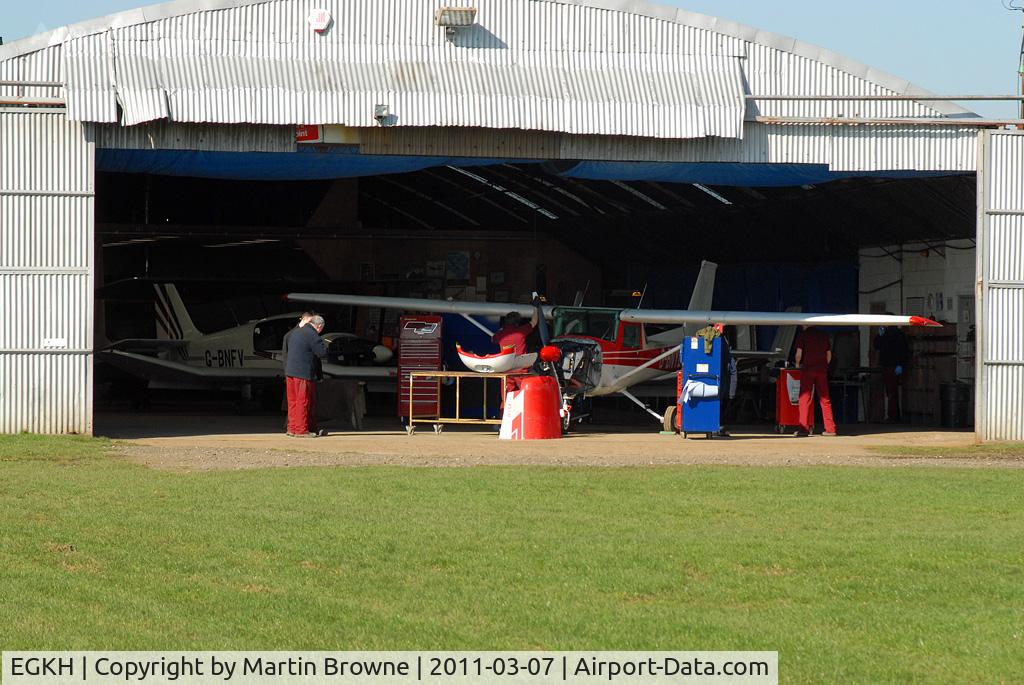 Lashenden/Headcorn Airport, Maidstone, England United Kingdom (EGKH) - Busy morning in the maint hangar.