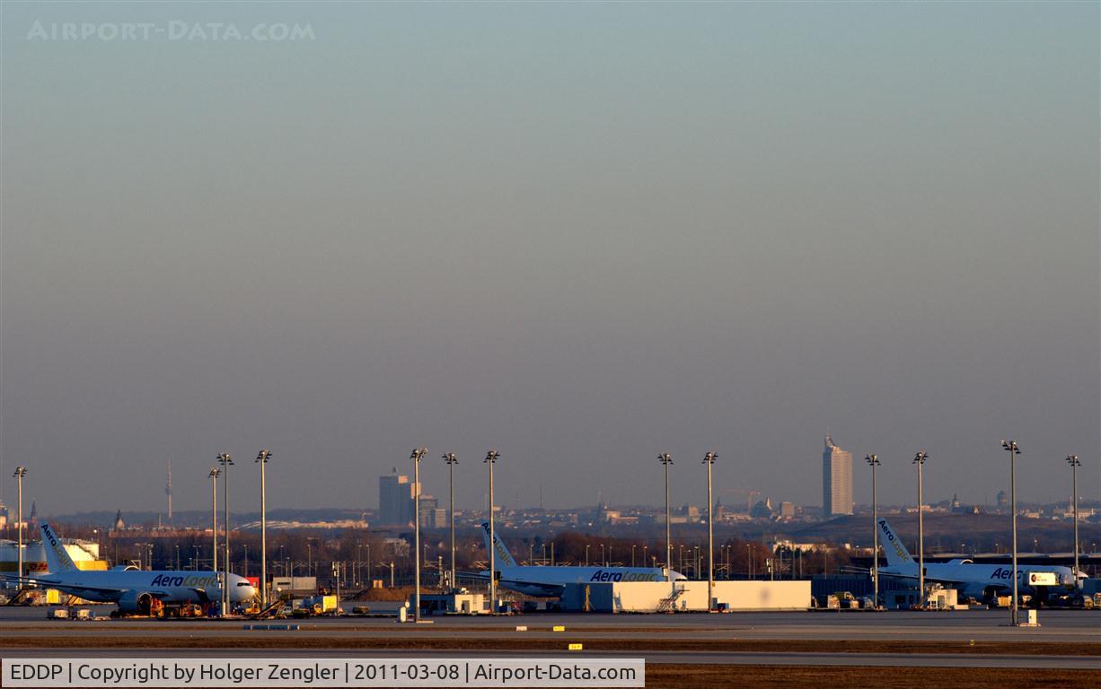 Leipzig/Halle Airport, Leipzig/Halle Germany (EDDP) - View from visitors terrace over AEROLOGIC parking positions to the city of Leipzig.