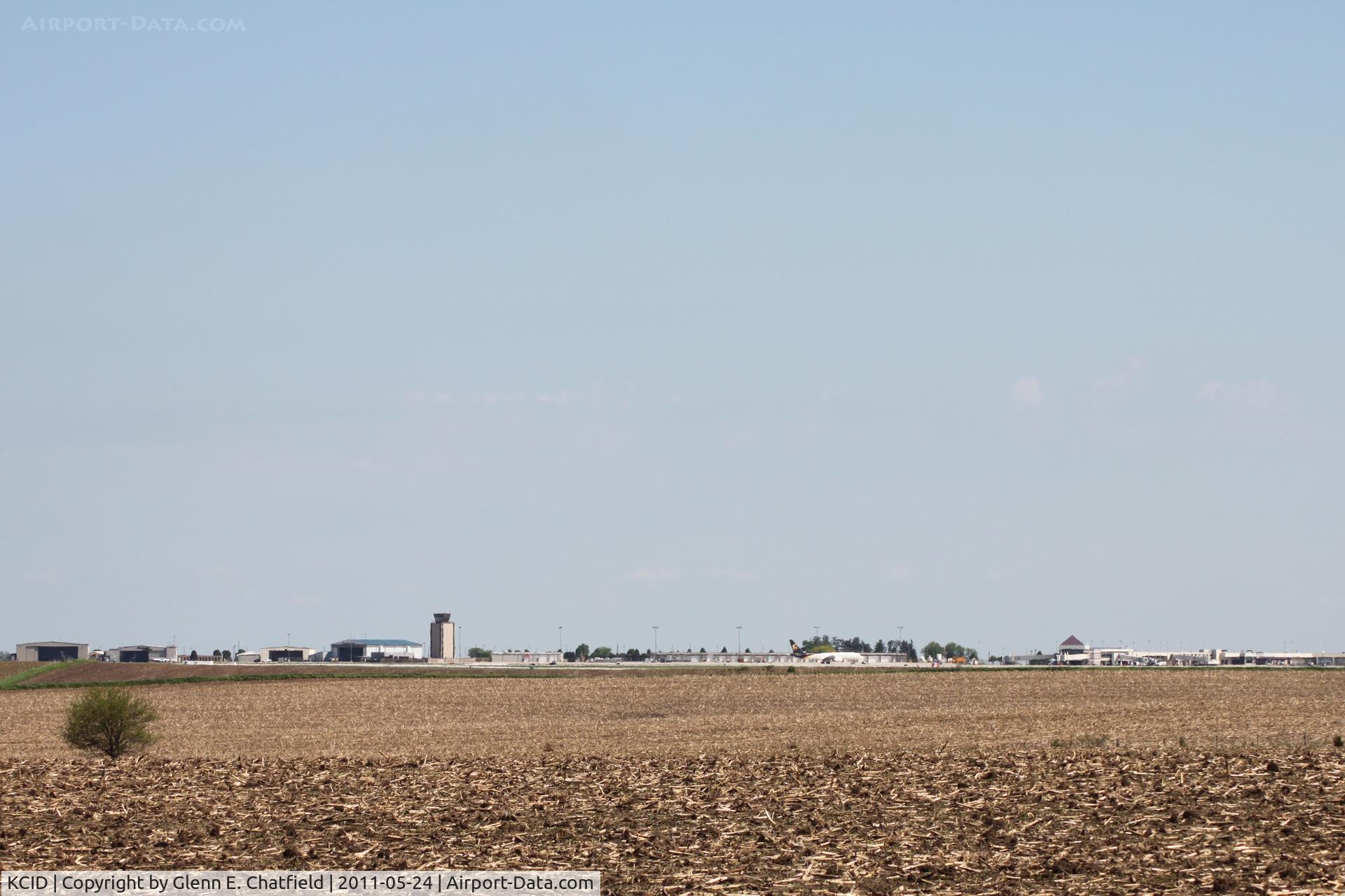 The Eastern Iowa Airport (CID) - This photo is taken from two miles south of the airport.  On the right side of the photo is the terminal.  There is a UPS Airbus parked on the UPS ramp.