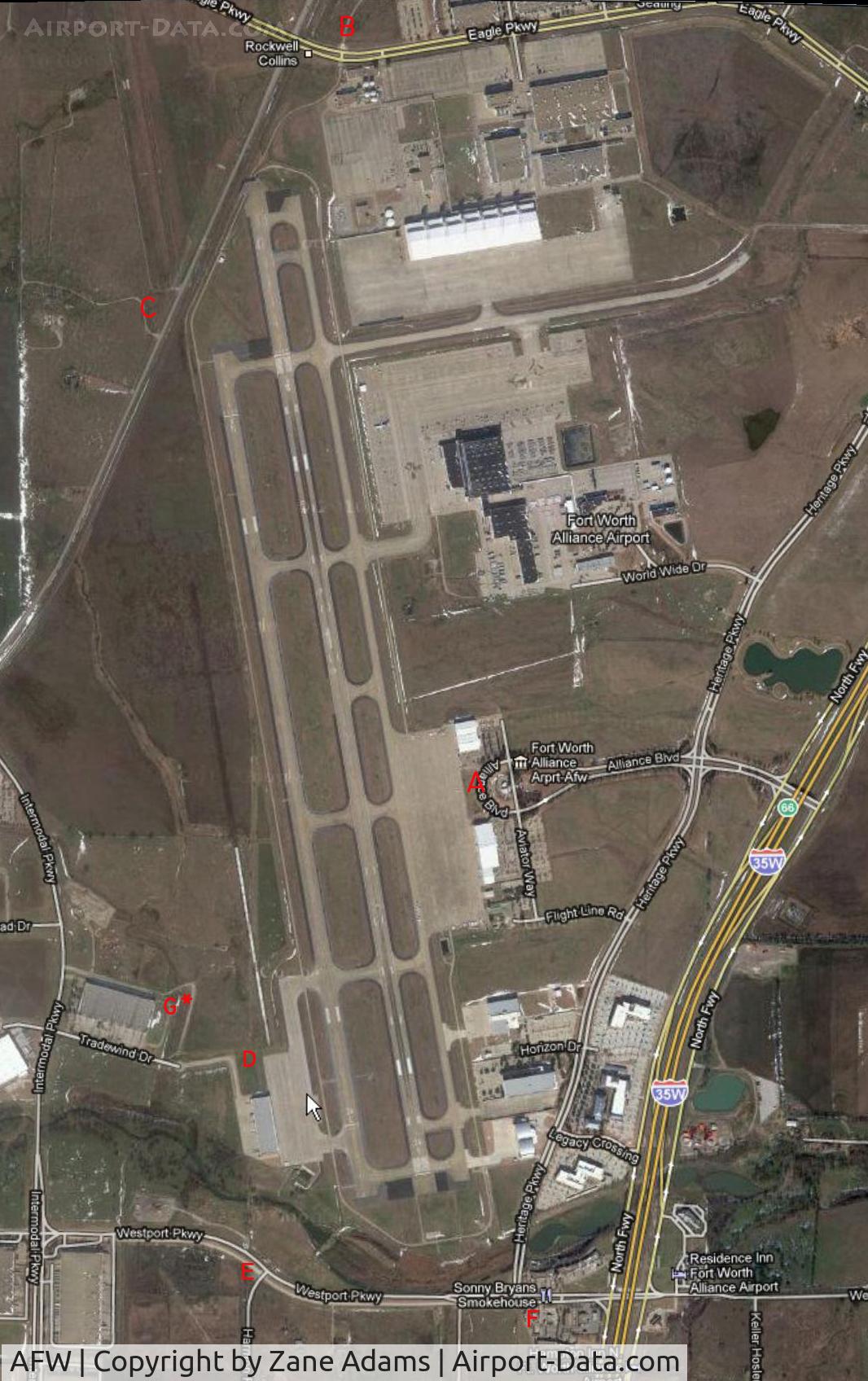 Fort Worth Alliance Airport (AFW) - Alliance Airport Spotting Map.
A. Very close to ramp.
B. AM approaches, 
C. PM approaches
D. PM Landings. Need ladder. may be asked to leave.
E. PM approaches 
F. AM approaches
G. Best PM Airshow spot. May be asked to leave. Maybe not ;)

