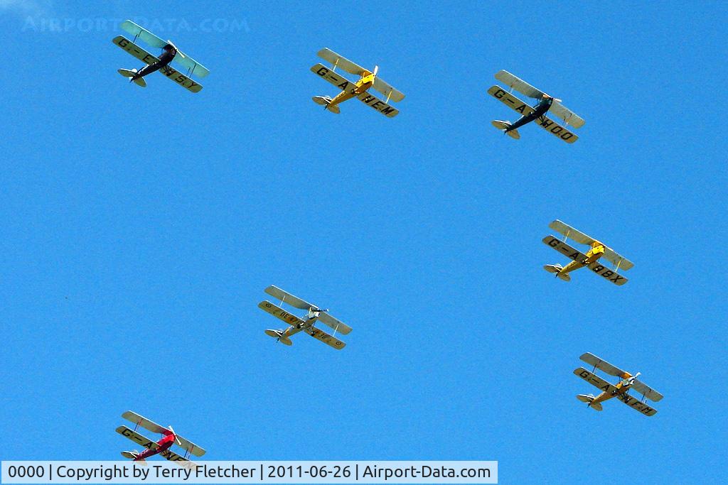 0000 Airport - Seven DeHavilland Moths with a Fly by at 2011 Baxterley Wings and Wheels Day. G-EMSY , G-ANEM , G-AHOO , G-AOBX , G-ANFM , G-ANEN and G-ANMY (DE470)
