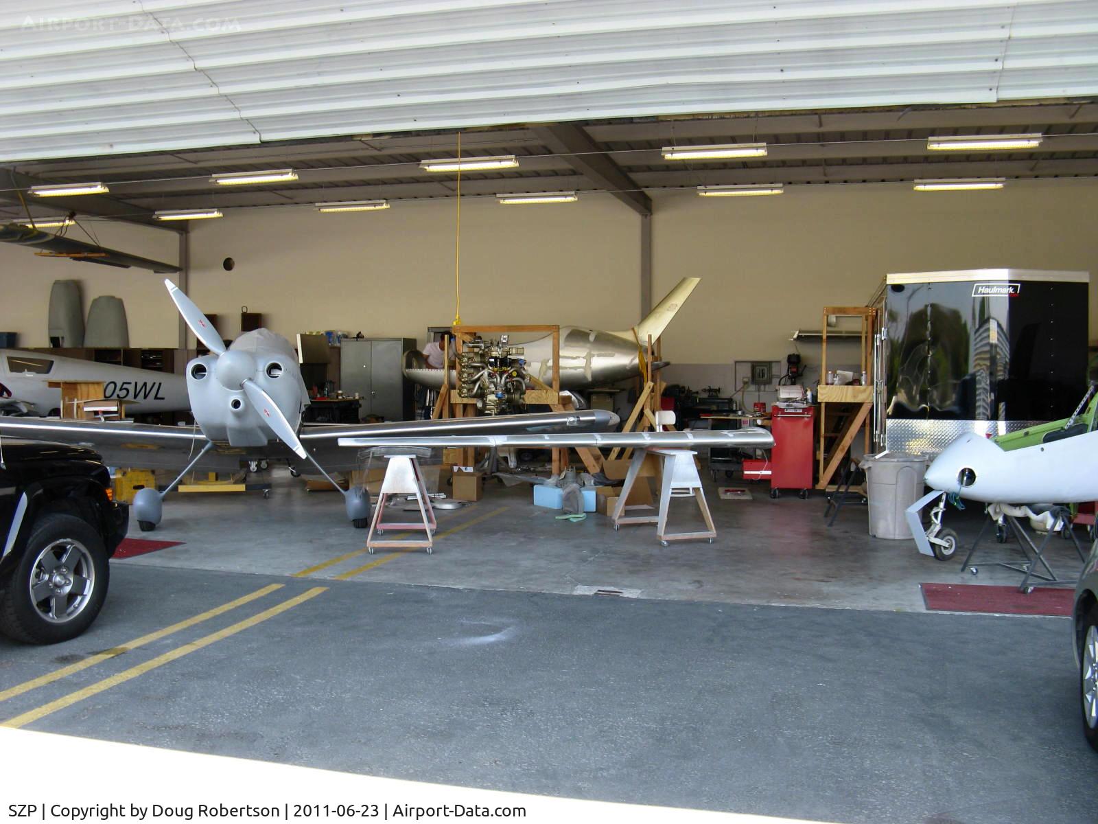 Santa Paula Airport (SZP) - Aviation F/X. Assorted Experimental aircraft, In build. Left to right-rare White Lightning, Van's RV, Questair Venture, BD-FLS MICROJET, Quantum Turbine TJ100 jet engine