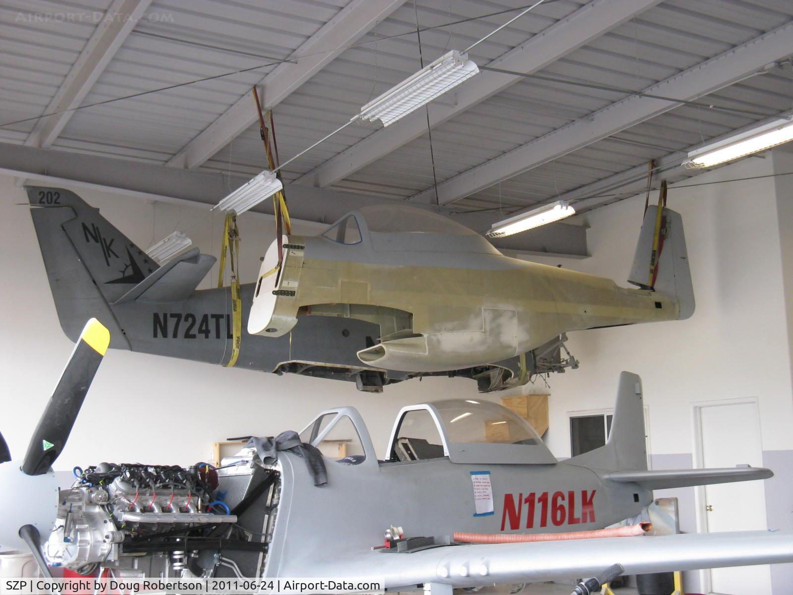 Santa Paula Airport (SZP) - Experimental aircraft In-Build, TURBINE LEGEND above left and two Fighter Escort Wings P-51D MUSTANGS