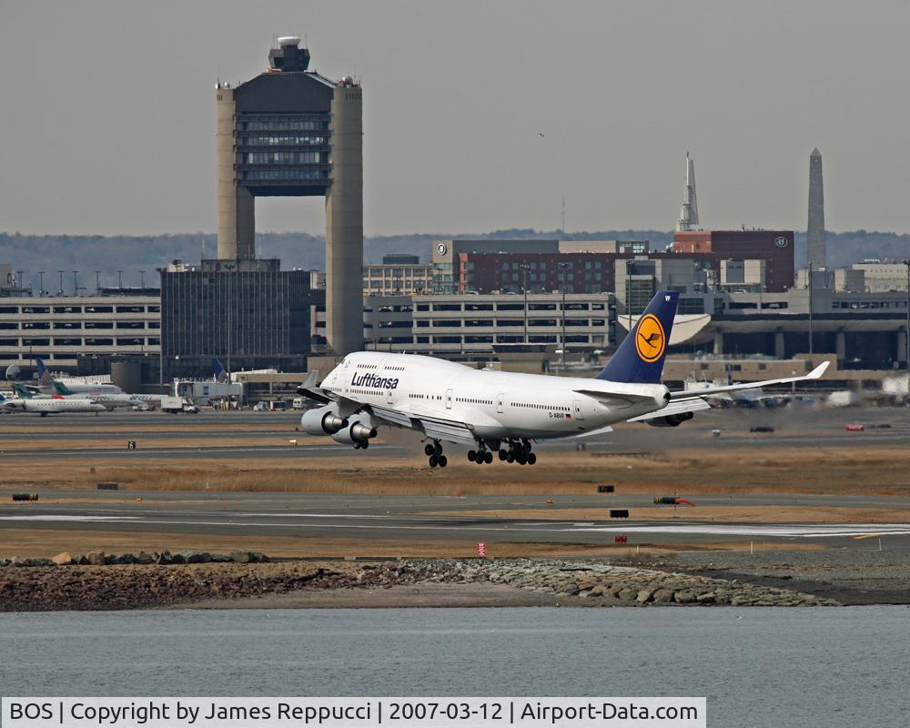 General Edward Lawrence Logan International Airport (BOS) - Lufthansa 747 arrives at Logan Airport.