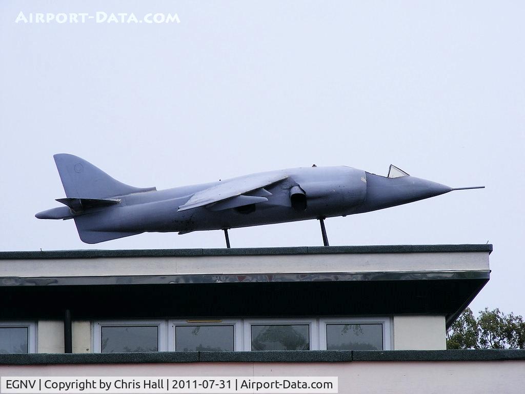 Durham Tees Valley Airport, Tees Valley, England United Kingdom (EGNV) - Large model of a HS Harrier on top of a restaurant at Durham Tees Valley Airport