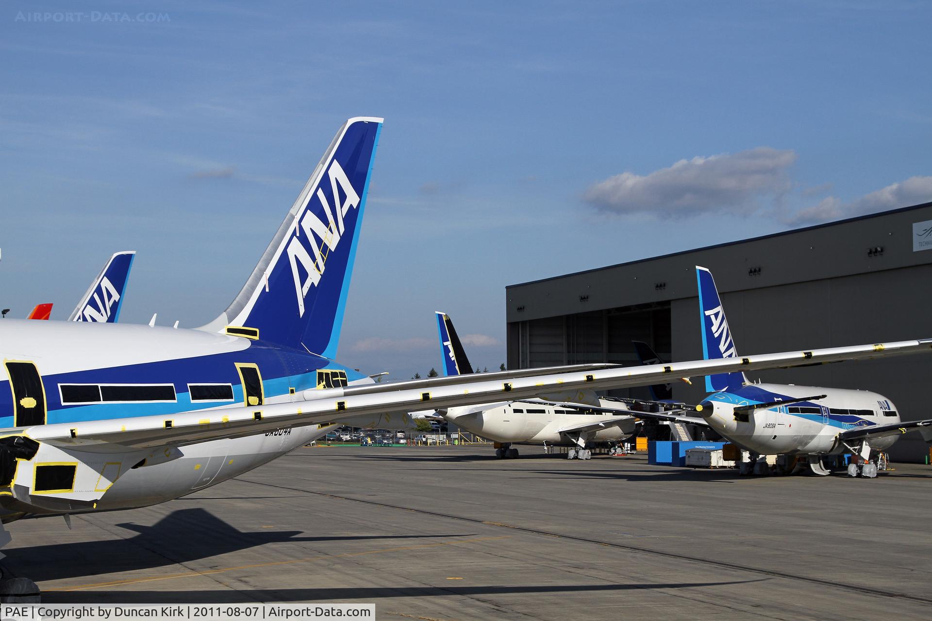 Snohomish County (paine Fld) Airport (PAE) - Five ANA B.787's are visible and three more were in the hangar including the specially painted first delivery aircraft for ANA