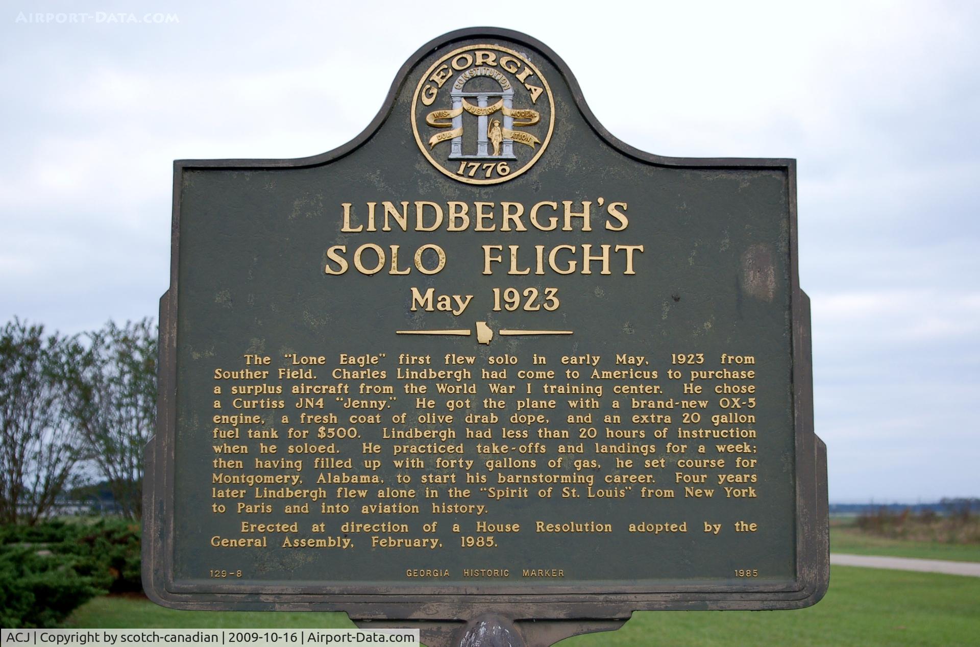 Jimmy Carter Regional Airport (ACJ) - Lindbergh's Solo Flight Marker at Jimmy Carter Rrgional Airport (Souther Field Airport), Americus, GA