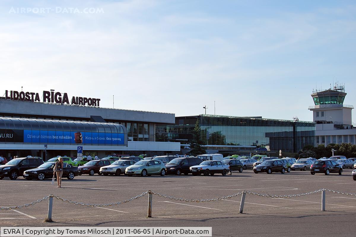 R?ga International Airport, R?ga Latvia (EVRA) - Airport building seen from the bus stop to the city.