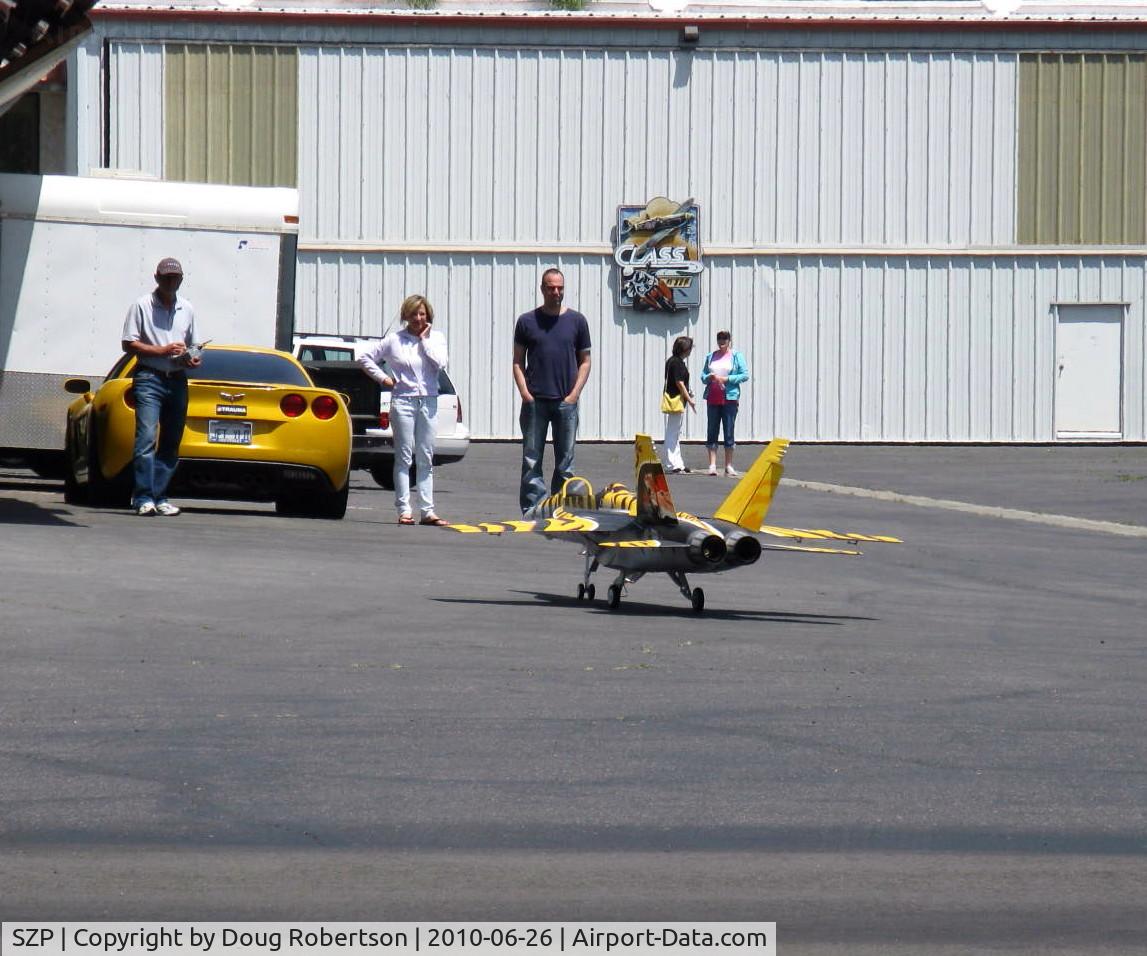 Santa Paula Airport (SZP) - RC JET Kerosene Burner-taxi demo under radio control. The ear-splitting shriek attracts attention!
