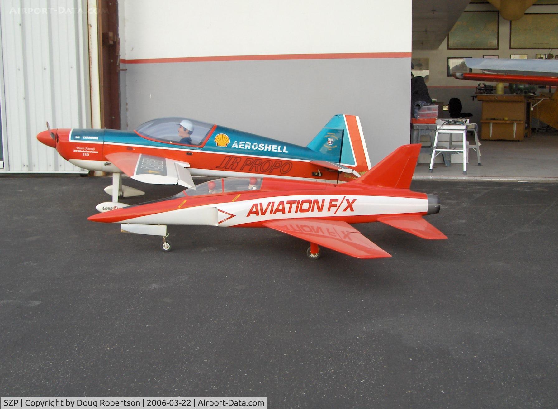 Santa Paula Airport (SZP) - AVIATION F/X Dan Gray Jet Special Radio-Controlled, Jet engine powered, (JR PROPO behind) Motion Pictures Special Effects stars-F/X=EFFECTS, get it?