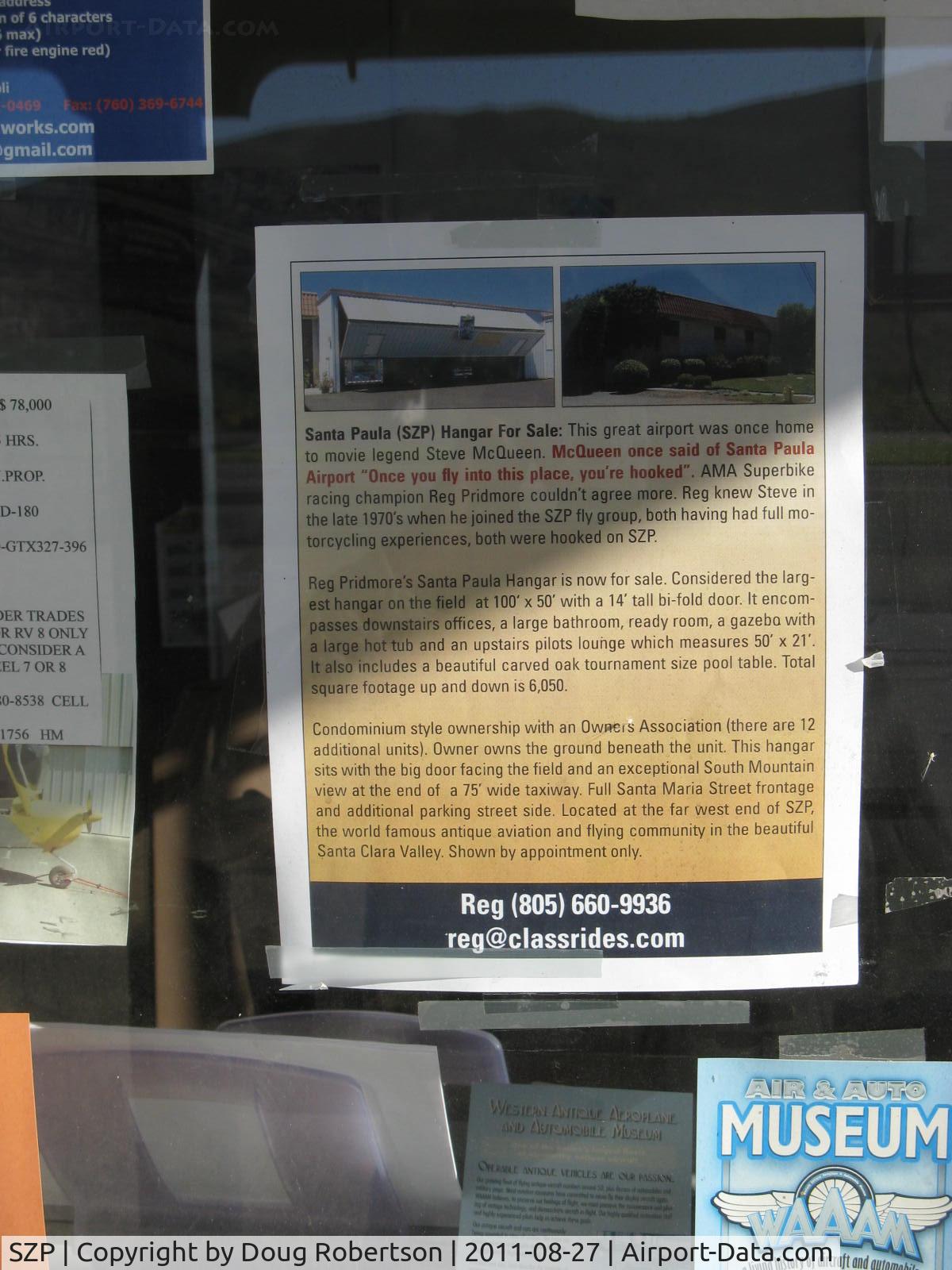 Santa Paula Airport (SZP) - Ex Steve McQueen Deluxe Hangar FOR SALE, largest at SZP