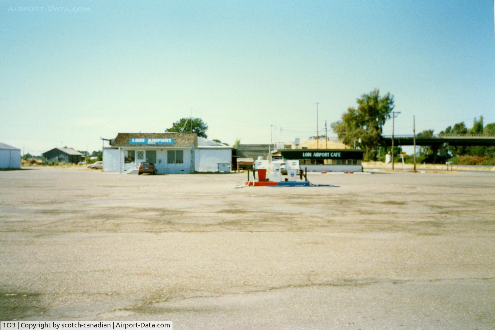 Lodi Airport (1O3) - Airport Fuel Pumps, Office and Cafe at Lodi Airport, Lodi, CA - July 1989