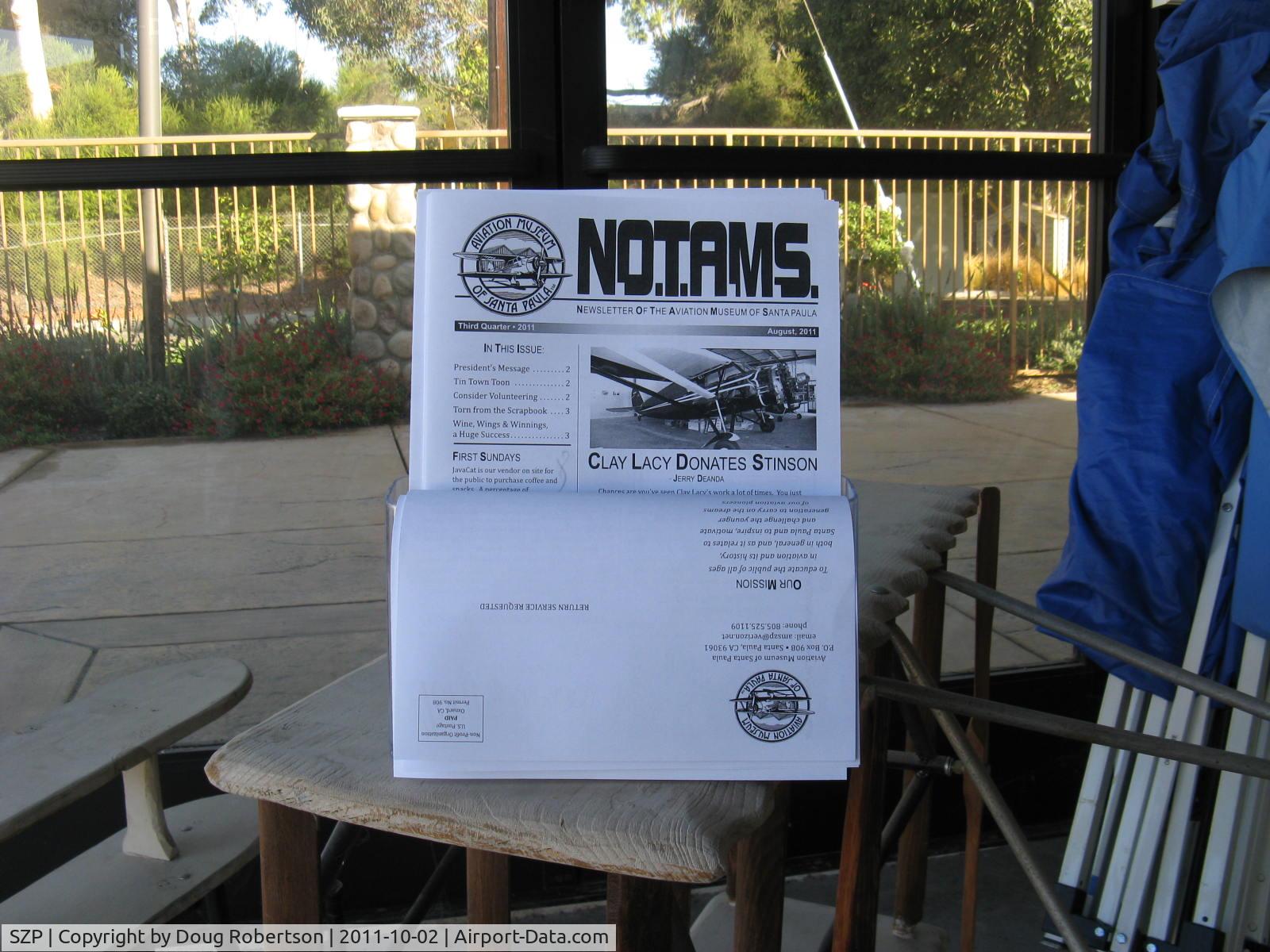Santa Paula Airport (SZP) - N.O.T.A.M.S. Newsletter Of The Aviation Museum of Santapaula. Third Quarter 2011. Featuring Clay Lacy's Donation of a 1931 Stinson Junior S N10833 to the Museum article. Thank You Clay, for your generosity!