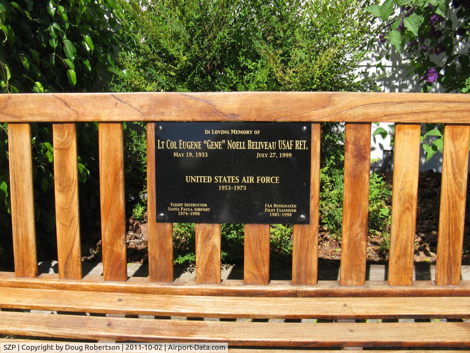 Santa Paula Airport (SZP) - Pilot Tribute Plaque and Bench-at CP Aviation. Closeup.