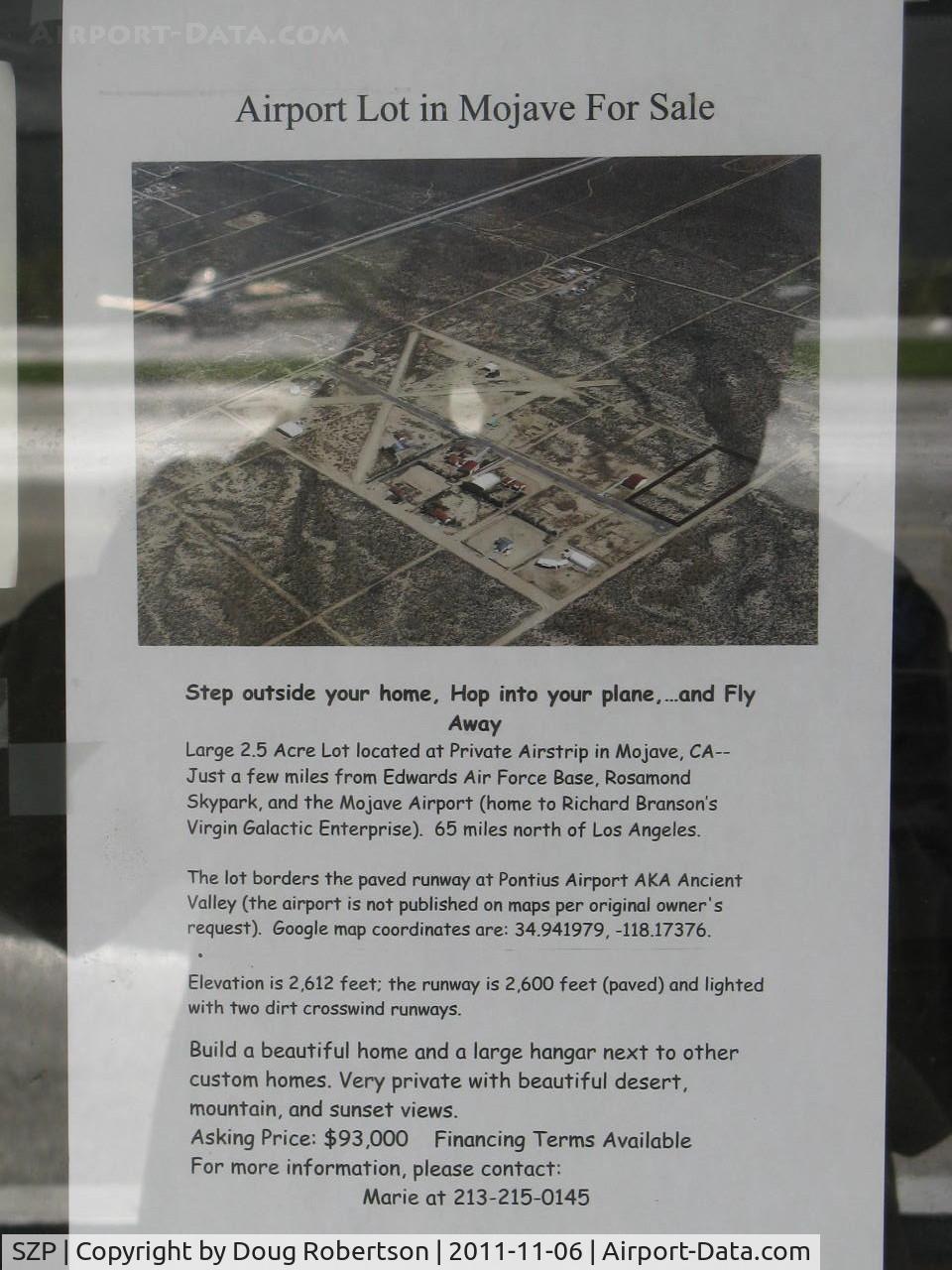 Santa Paula Airport (SZP) - Pontius Airport AKA Ancient Valley-Not shown on any Aviation Charts per original owner's request. Airport land FOR SALE on Pontius Airport near Mojave, California, Rwy 2.600 ft paved/lighted + 2 dirt xwind