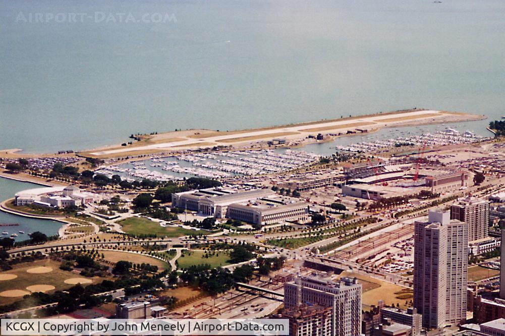 CGX Airport - Meigs Field (closed) as seen from the Sears  Tower in 1996. The airport was demolished in 2003.
