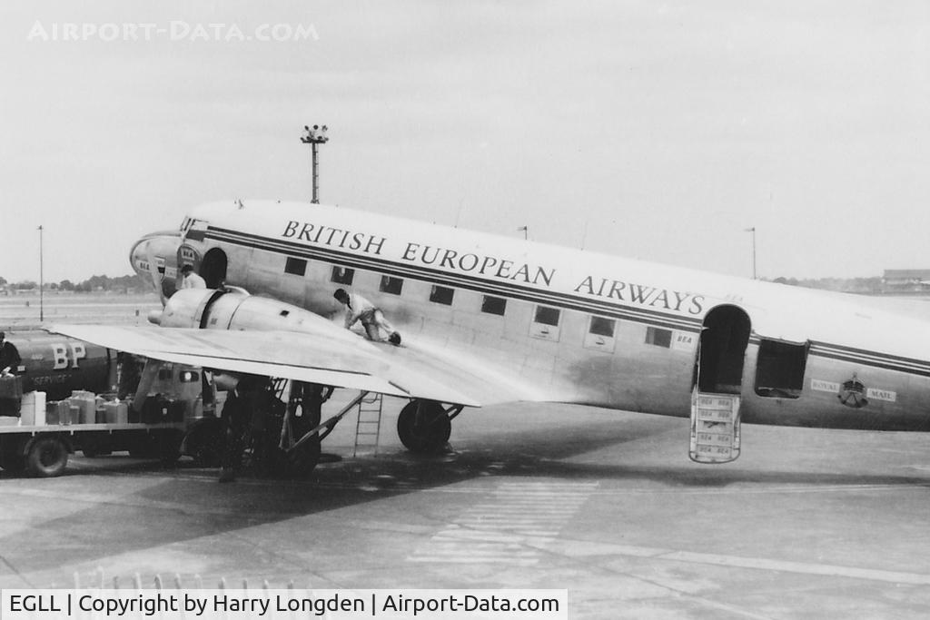 London Heathrow Airport, London, England United Kingdom (EGLL) - An unidentified BEA Douglas C-47 Royal Mail aircraft at Heathrow Airport, London in 1955.
