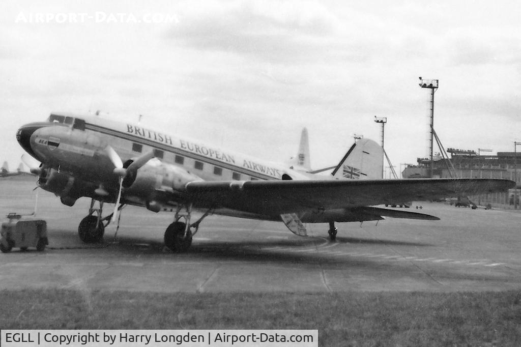 London Heathrow Airport, London, England United Kingdom (EGLL) - An unidentified BEA Douglas C-47 Royal Mail aircraft at Heathrow Airport, London in 1955. In the background on the right is the Queens Building, the roof of which was a favourite spectator location.