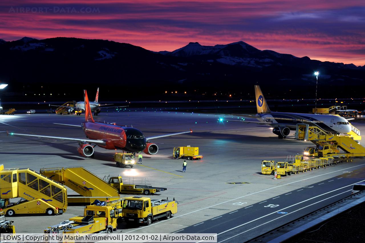 Salzburg Airport, Salzburg Austria (LOWS) - Donbassaero A320 UR-DAB is almost ready for departure while iFly 757 EI-ERF is under boarding procedure.