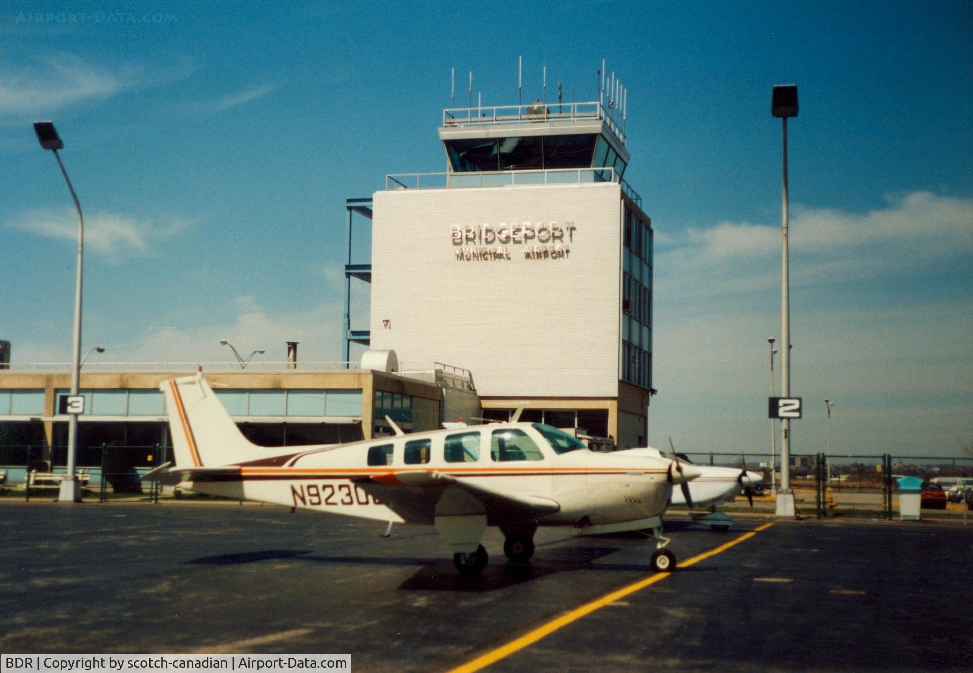 Igor I Sikorsky Memorial Airport (BDR) - Beech Aircraft and Airport Control Tower at Bridgeport Municipal Airport, Bridgeport, CT - circa 1980's