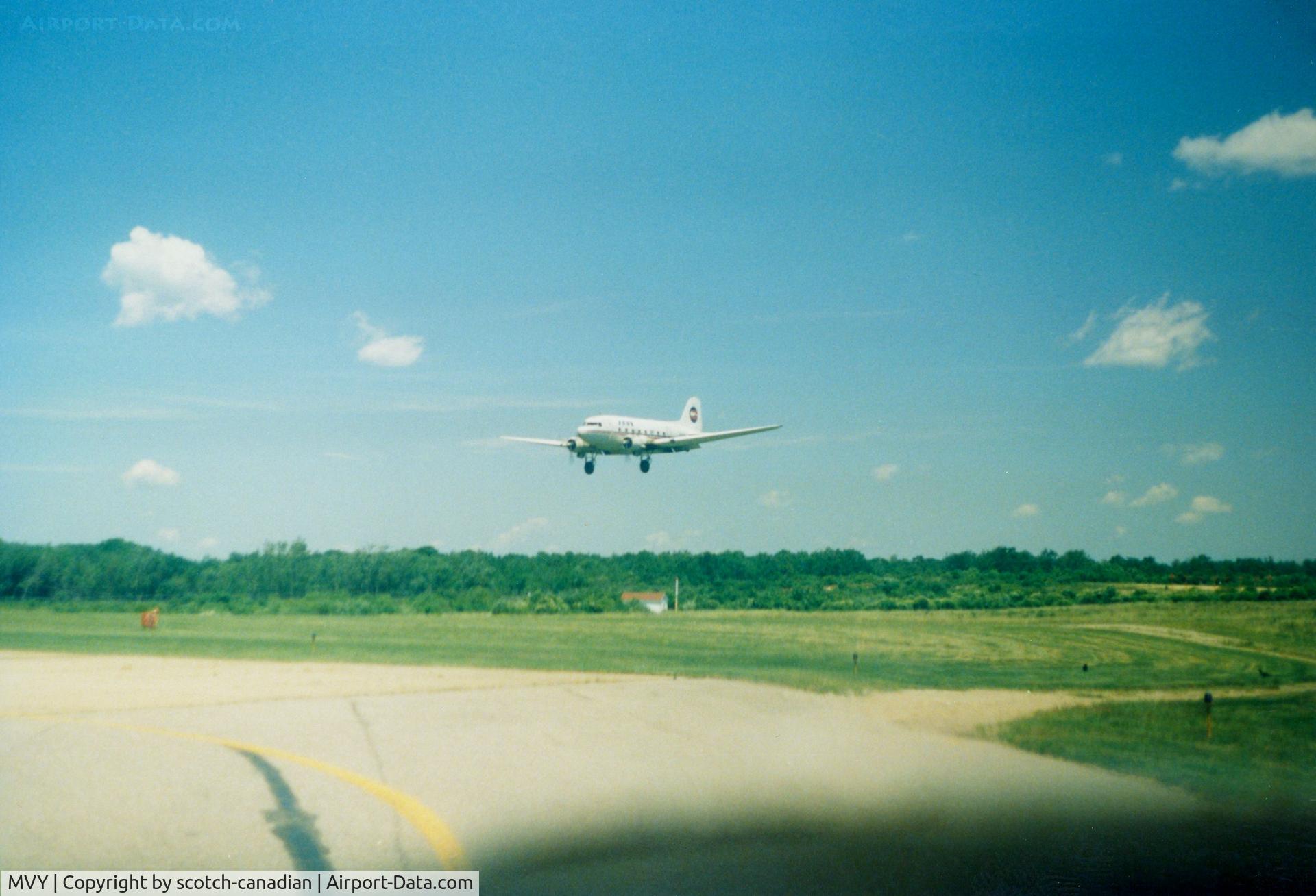 Marthas Vineyard Airport (MVY) - Provincetown-Boston Airline DC-3 on short final for Runway 24 at Martha's Vineyard Airport, Vineyard Haven, MA - July 1986