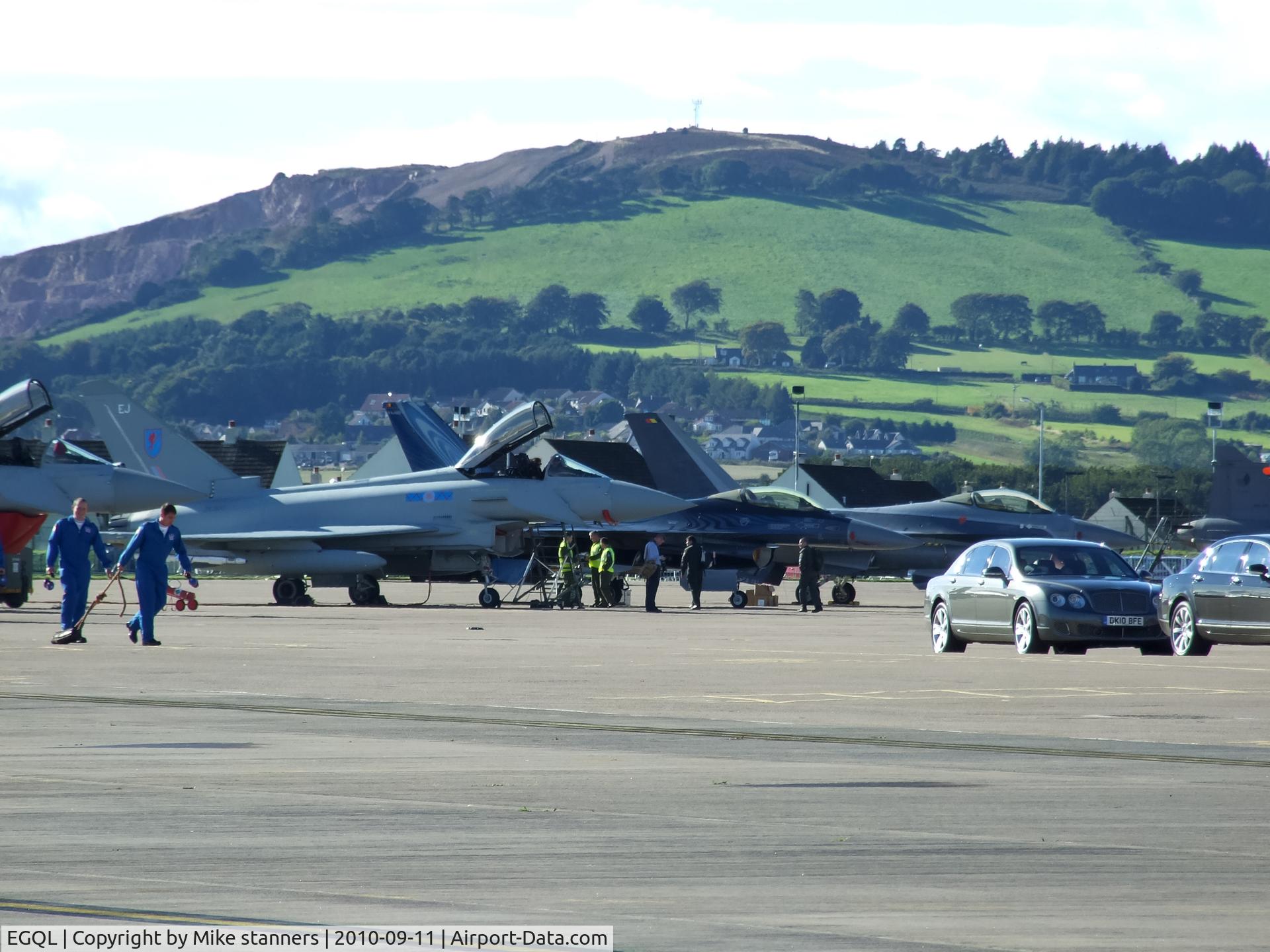 RAF Leuchars Airport, Leuchars, Scotland United Kingdom (EGQL) - Leuchars airshow flightline with Typhoon ZK300 & F-16A's FA-110 & FA-131 In the line up