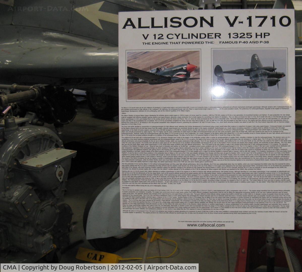 Camarillo Airport (CMA) - Allison V-1710 engine, at CAF Museum. Data card.