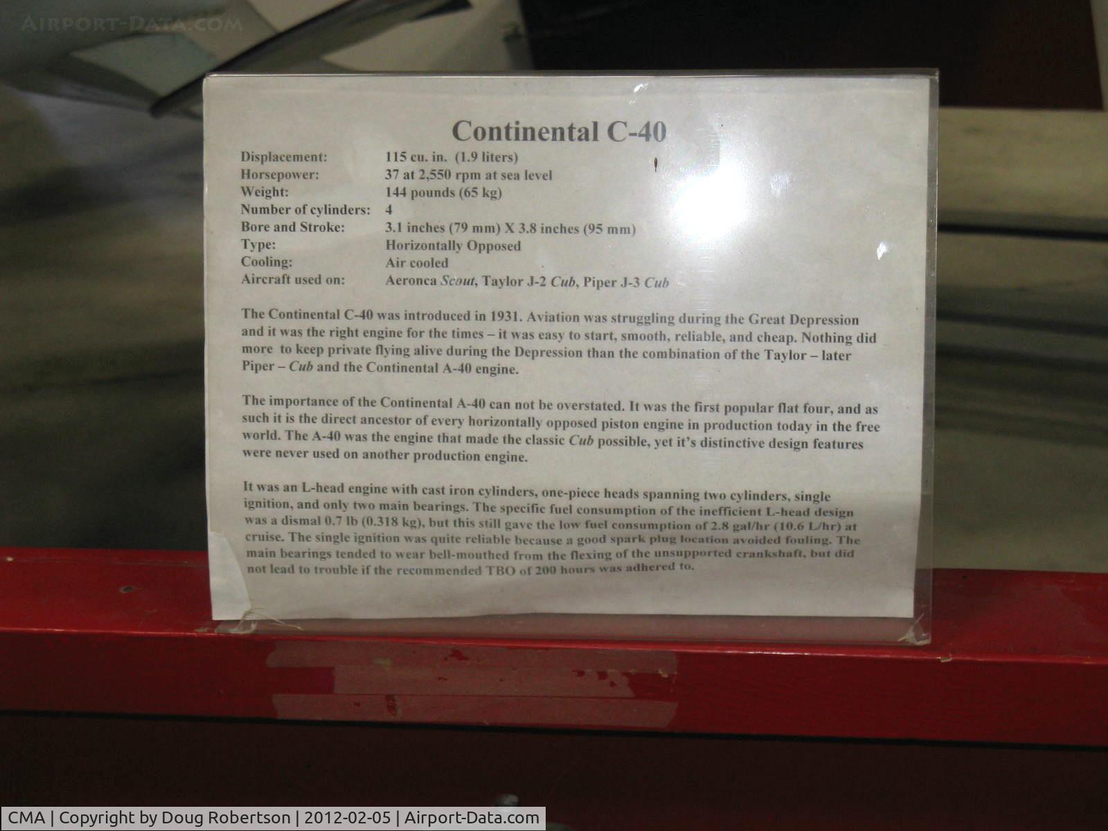 Camarillo Airport (CMA) - Continental C-40 37 Hp 4 cylinder air-cooled, a seminal light aircraft engine. 200 hour TBO. Data card. At CAF Museum.