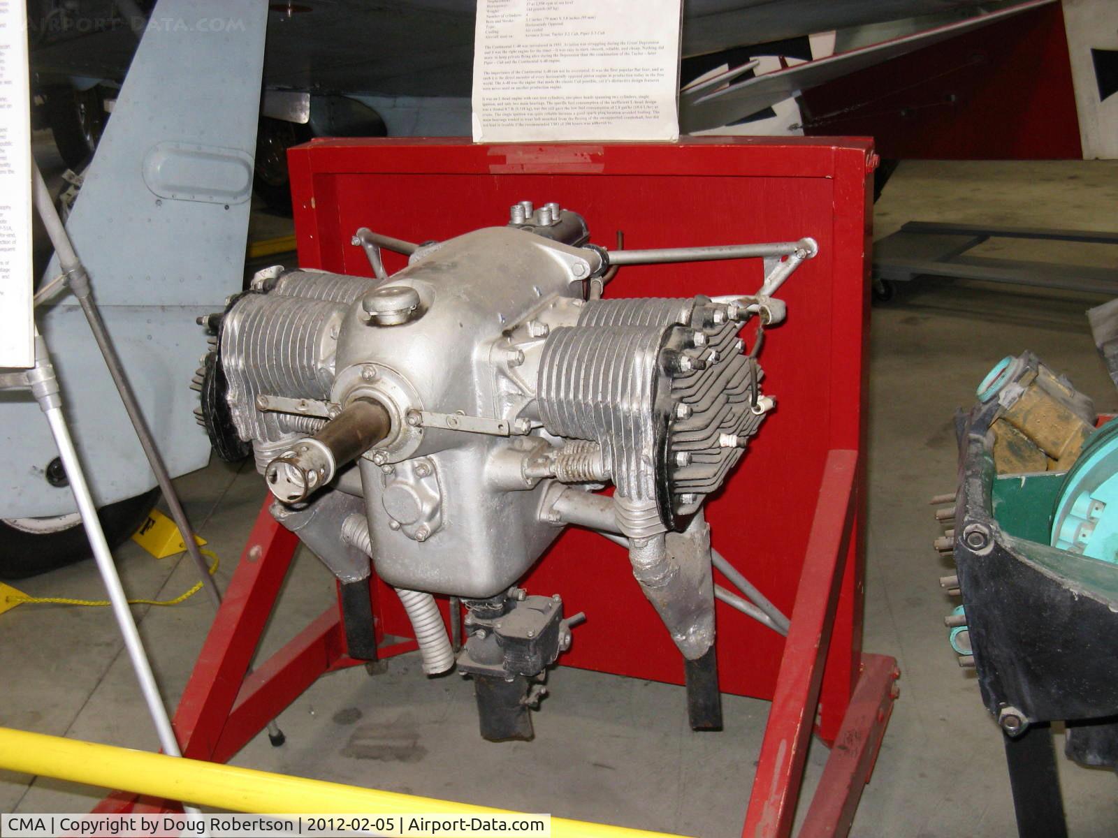Camarillo Airport (CMA) - Continental C-40 37 Hp L-head 4 cylinder air-cooled. A seminal light aircraft engine with 200 hour TBO. At CAF Museum.