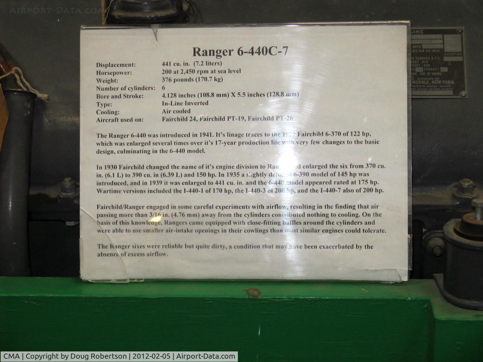 Camarillo Airport (CMA) - Fairchild/Ranger 6-440C-7 200 Hp inverted 6 cylinder in-line engine, Data card. At CAF Museum.