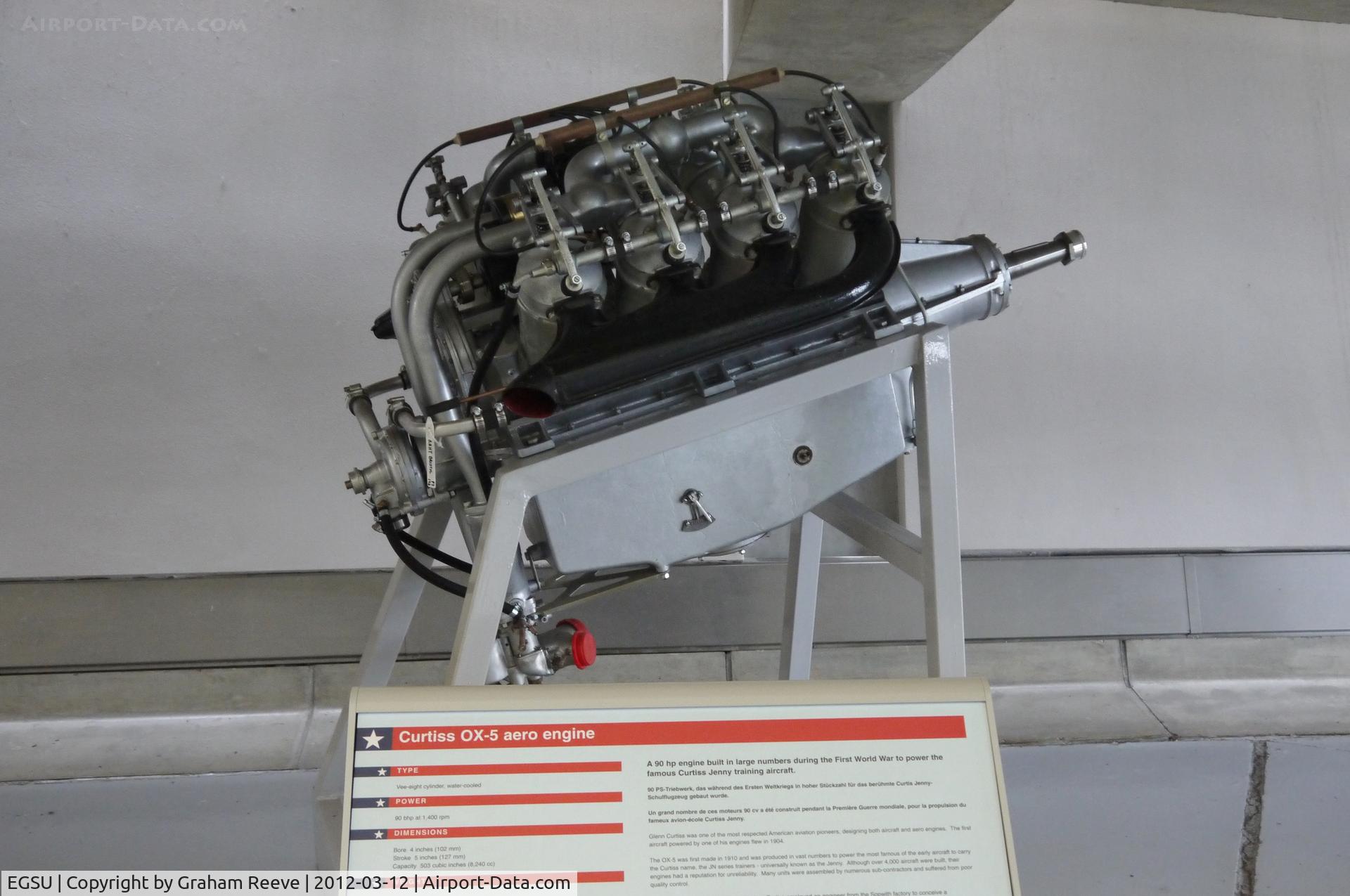 Duxford Airport, Cambridge, England United Kingdom (EGSU) - Curtiss OX-5 engine on display at Duxford.