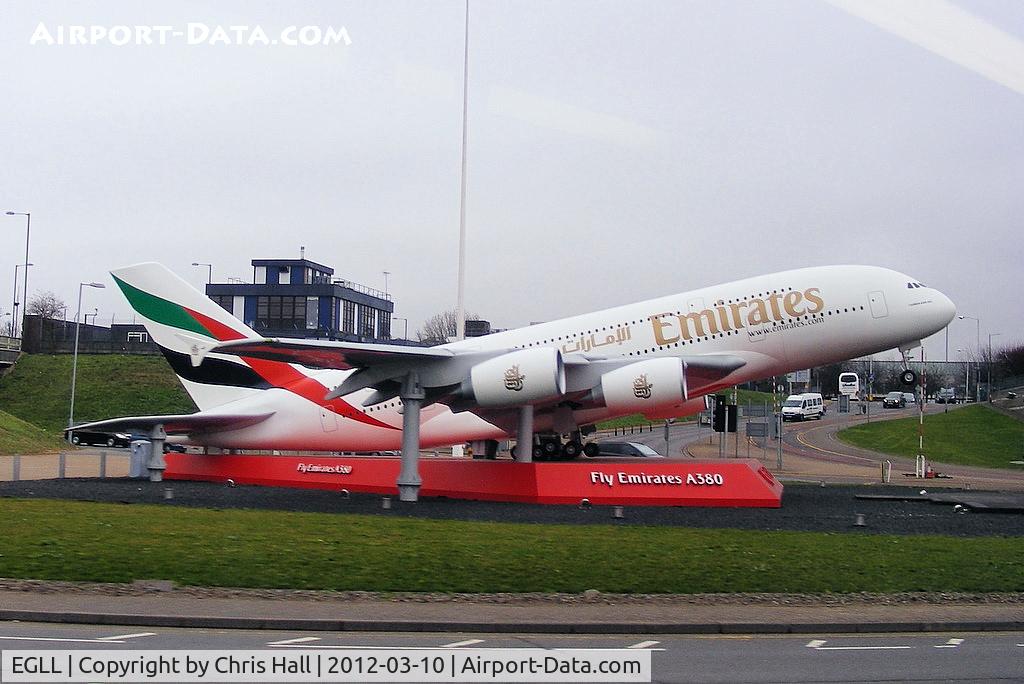 London Heathrow Airport, London, England United Kingdom (EGLL) - Emirates A380 model on the roundabout at the entrance to the Heathrow tunnel