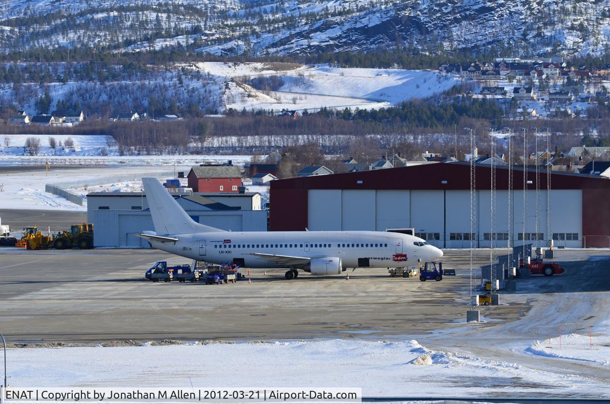 Alta Airport, Alta, Finnmark Norway (ENAT) - Oslo bound 737 LN-KKI loads at Alta airport.