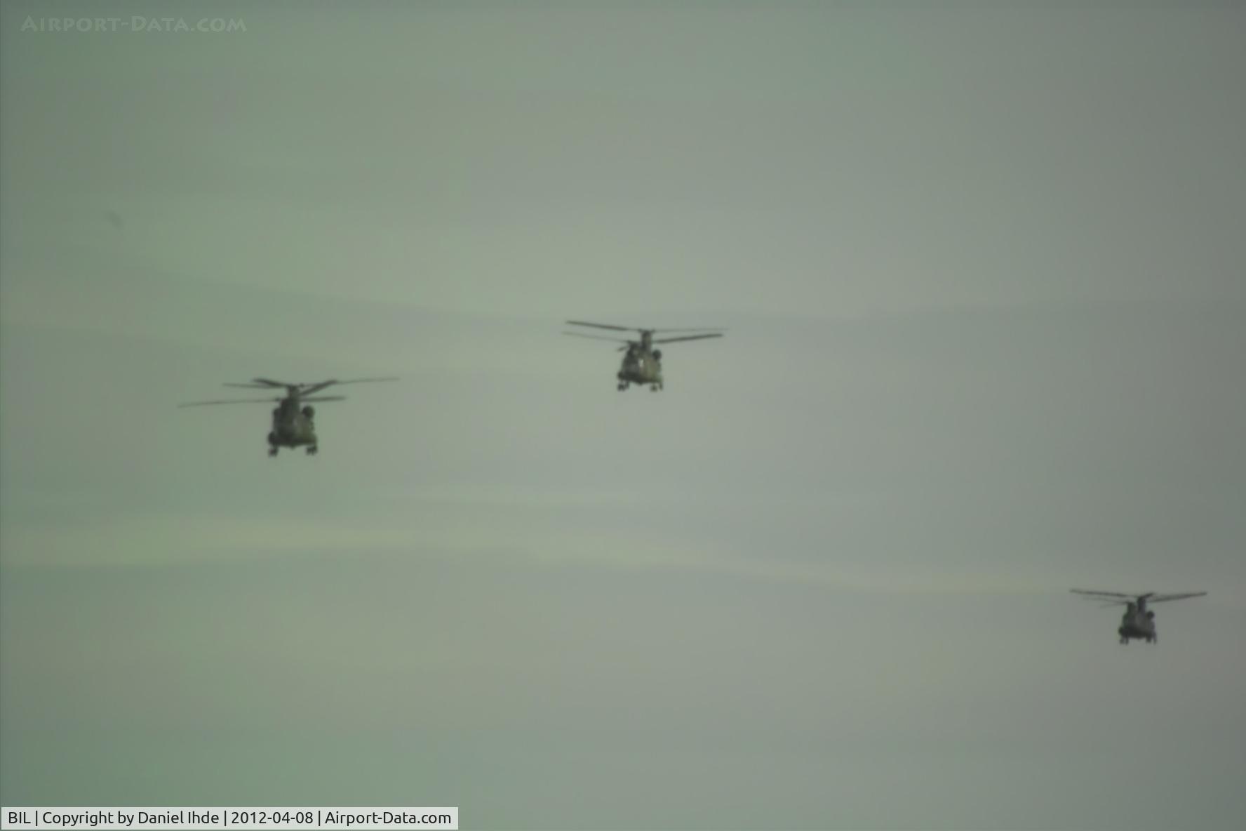 Billings Logan International Airport (BIL) - Three Chinook choppers flew in this Easter Sunday.  Two of them wore the numbers 00124 and 189 respectively.  The lead chopper didn't apperar to have any number.  The photo here shows all three on final approach which I intend to leave at the airport sect