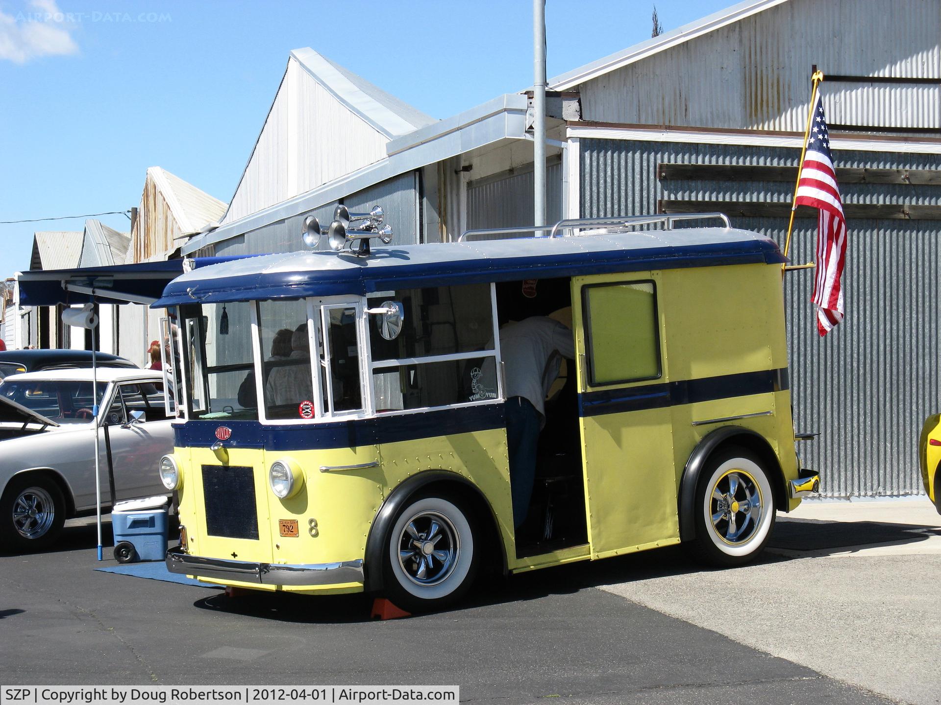 Santa Paula Airport (SZP) - Aviation Museum of SZP First Sunday invites car clubs. Today we had a Corvette Club, Porsche Club, Ford Model A Club, a Hot Rod Club and this customized old DIVCO Twin Coach Van.
