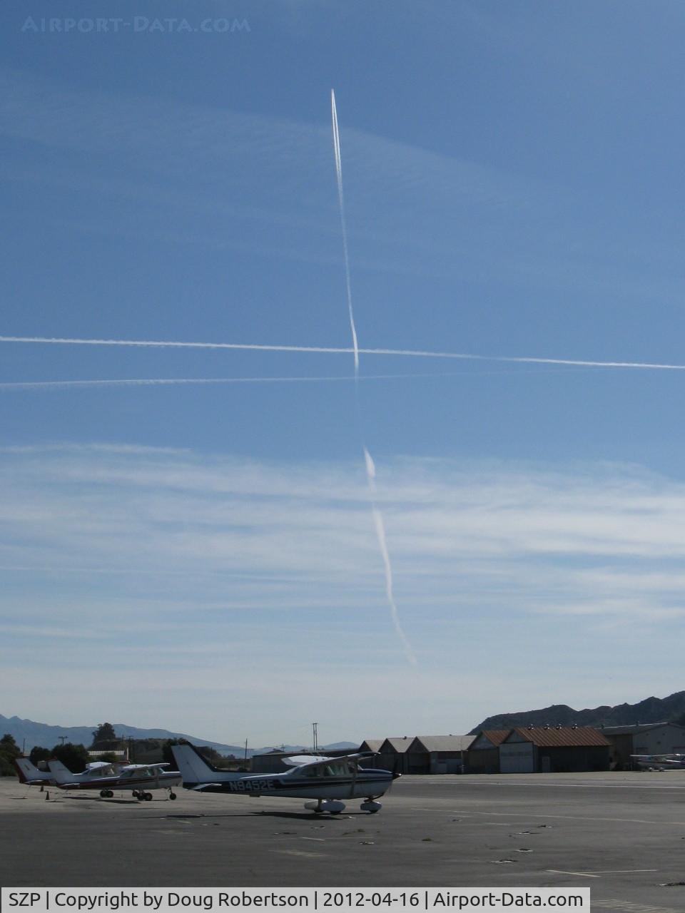 Santa Paula Airport (SZP) - Jet contrails past SZP Rwy 04-22; near-vertical is in unusual heading