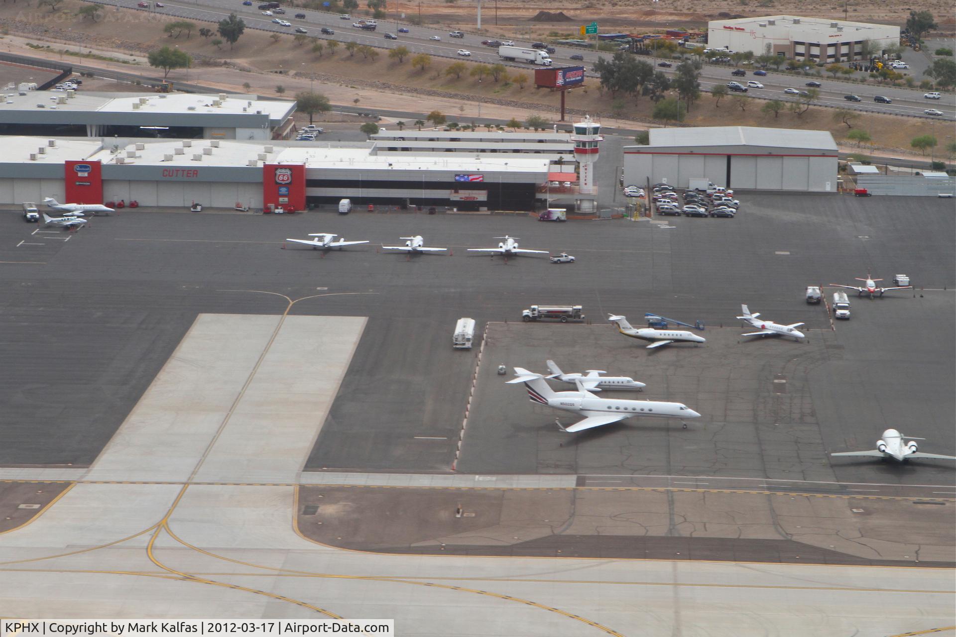 Phoenix Sky Harbor International Airport (PHX) - Phoenix, Arizona - Cutter Aviation Ramp at Sky Harbor International Airport, as seen on departure from RWY 25R.