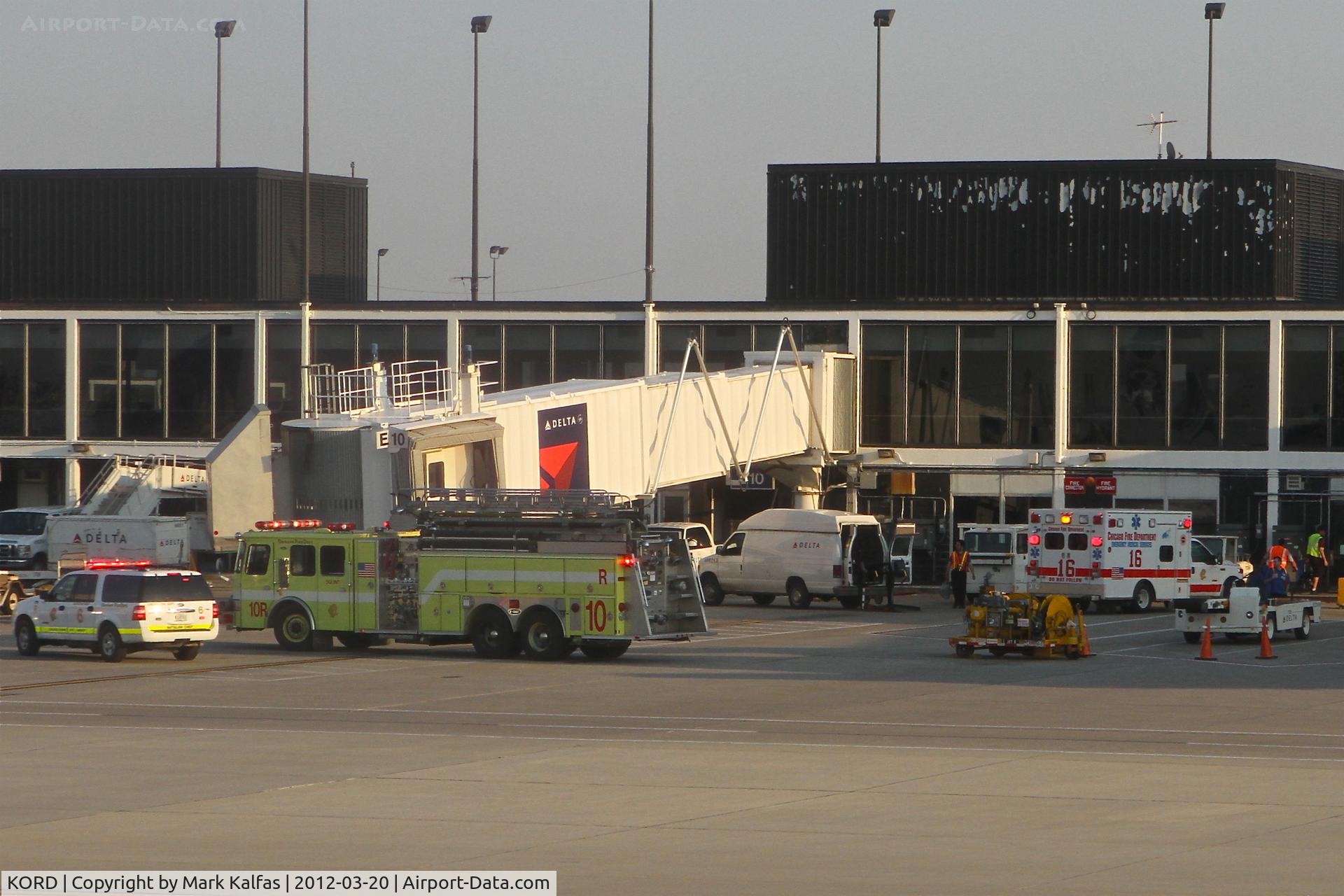 Chicago O'hare International Airport (ORD) - Chicago, Illinois - Chicago Fire Department - O'Hare Airport Rescue 2, Engine 10 and Ambulance 16   responding to a call at the Delta Airlines Terminal 2, Gate E10.