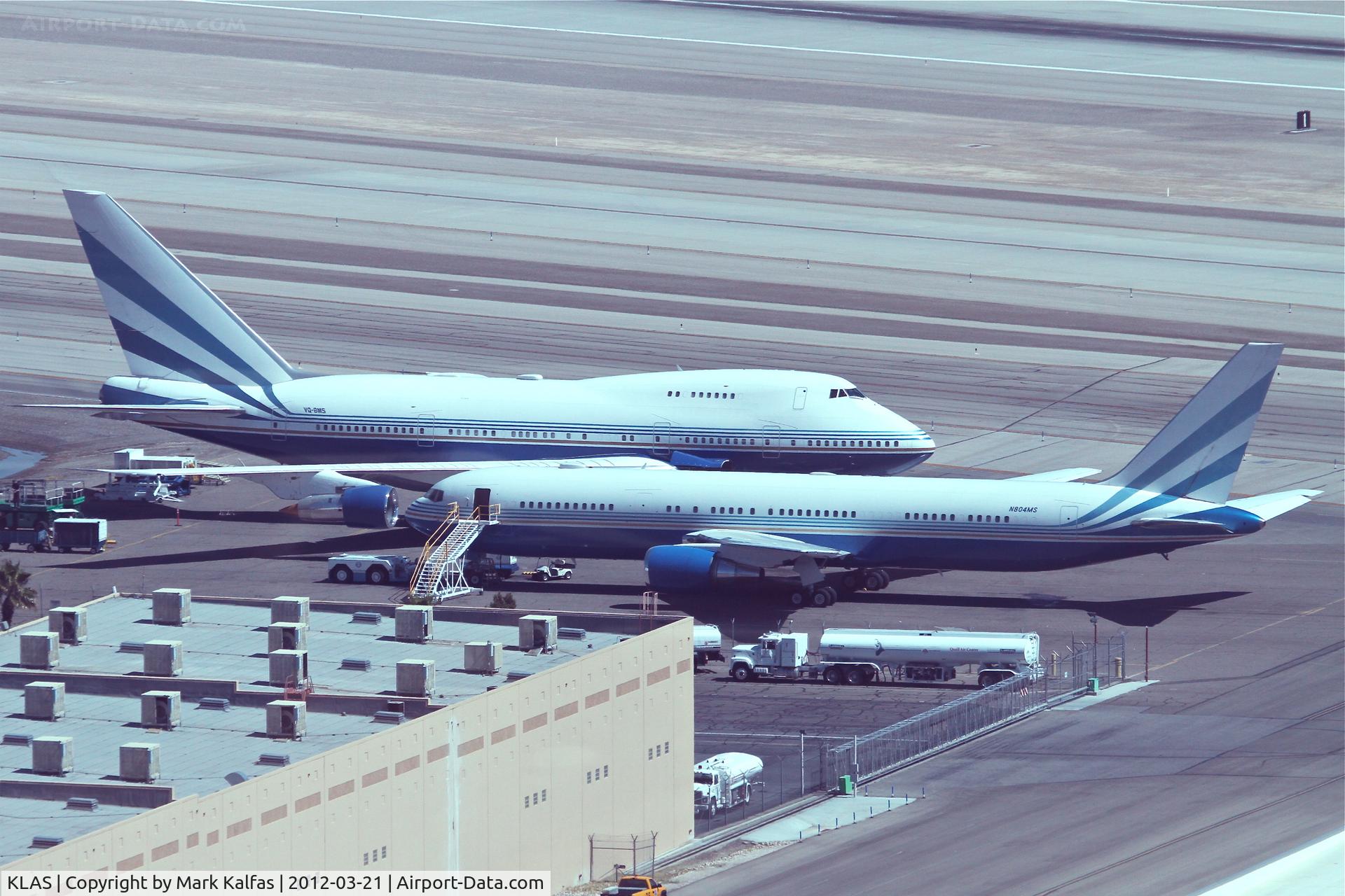 Harry Reid International Airport (LAS) - Sands/Interface Corporation N804MS Boeing 767-3P6 and VQ-BMS Boeing 747SP-21 on the Quail Aviation Center ramp, Las Vegas/KLAS.