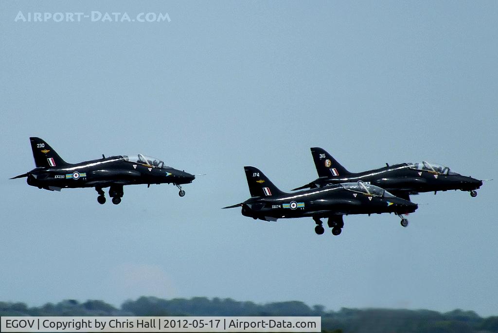 Anglesey Airport (Maes Awyr Môn) or RAF Valley, Anglesey United Kingdom (EGOV) - three Hawk T.1A's of RAF 208(R) Sqdn departing from RAF Valley