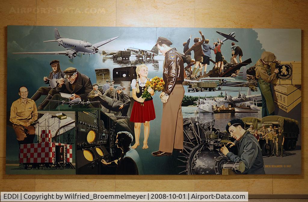 Tempelhof International Airport (closed), Berlin Germany (EDDI) - Picture made just one month before closing in 2008.
It shows scenes of Operation Vittles that was done by the western allies. Thank you for this operation.