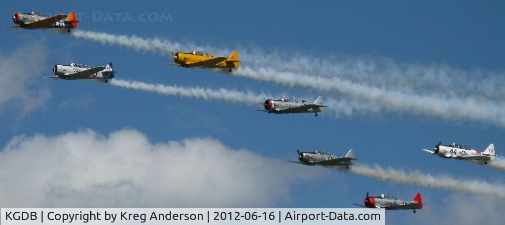 Granite Falls Muni/lenzen-roe Memorial Fld Airport (GDB) - A flyover of 7 T-6's and SNJ's at the 2012 Ray Fagen Memorial Airshow.